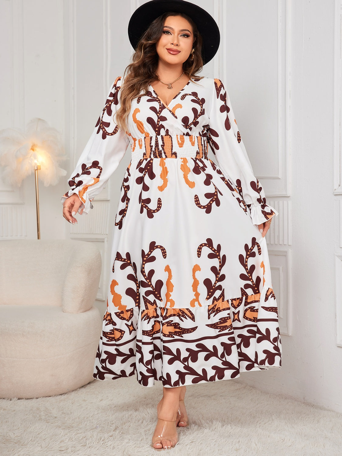 Robe grande taille imprimée à volants et manches volantées