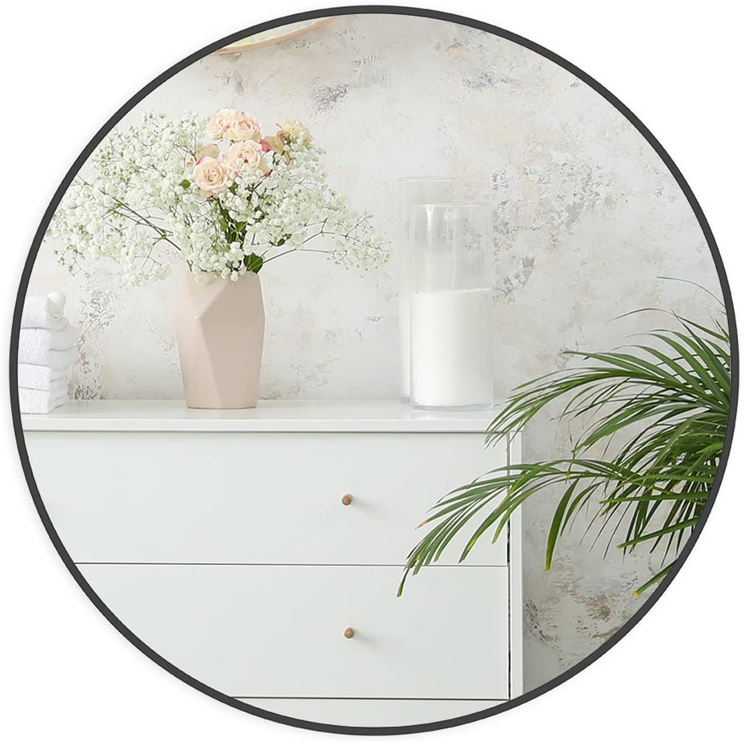 Miroir de salle de bain rond en métal noir de 24 pouces