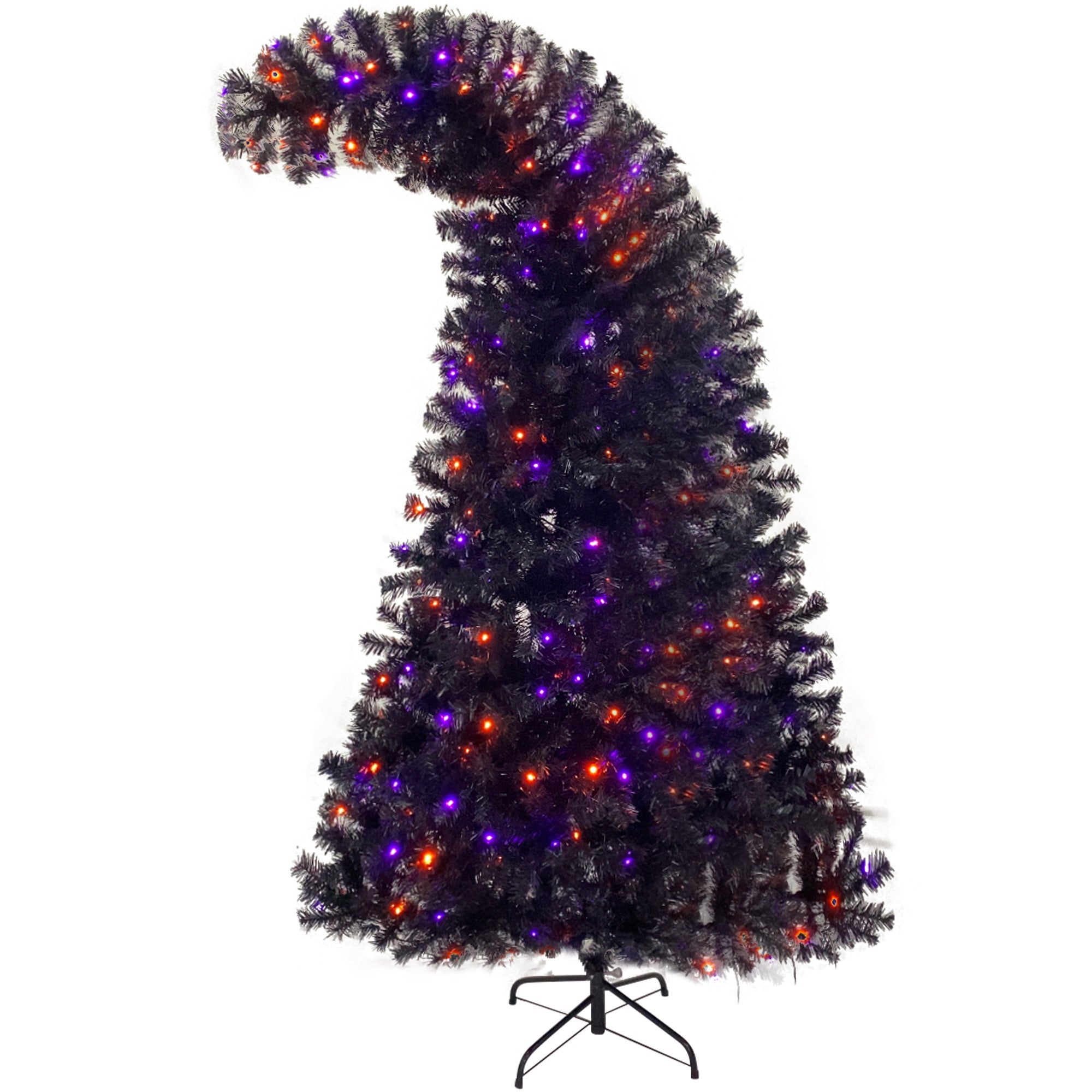 Sapin artificiel d'Halloween à sommet incurvé de 6 pieds, avec 1080 pointes de branches luxuriantes et 300 lumières LED dans un style de Noël et d'Halloween