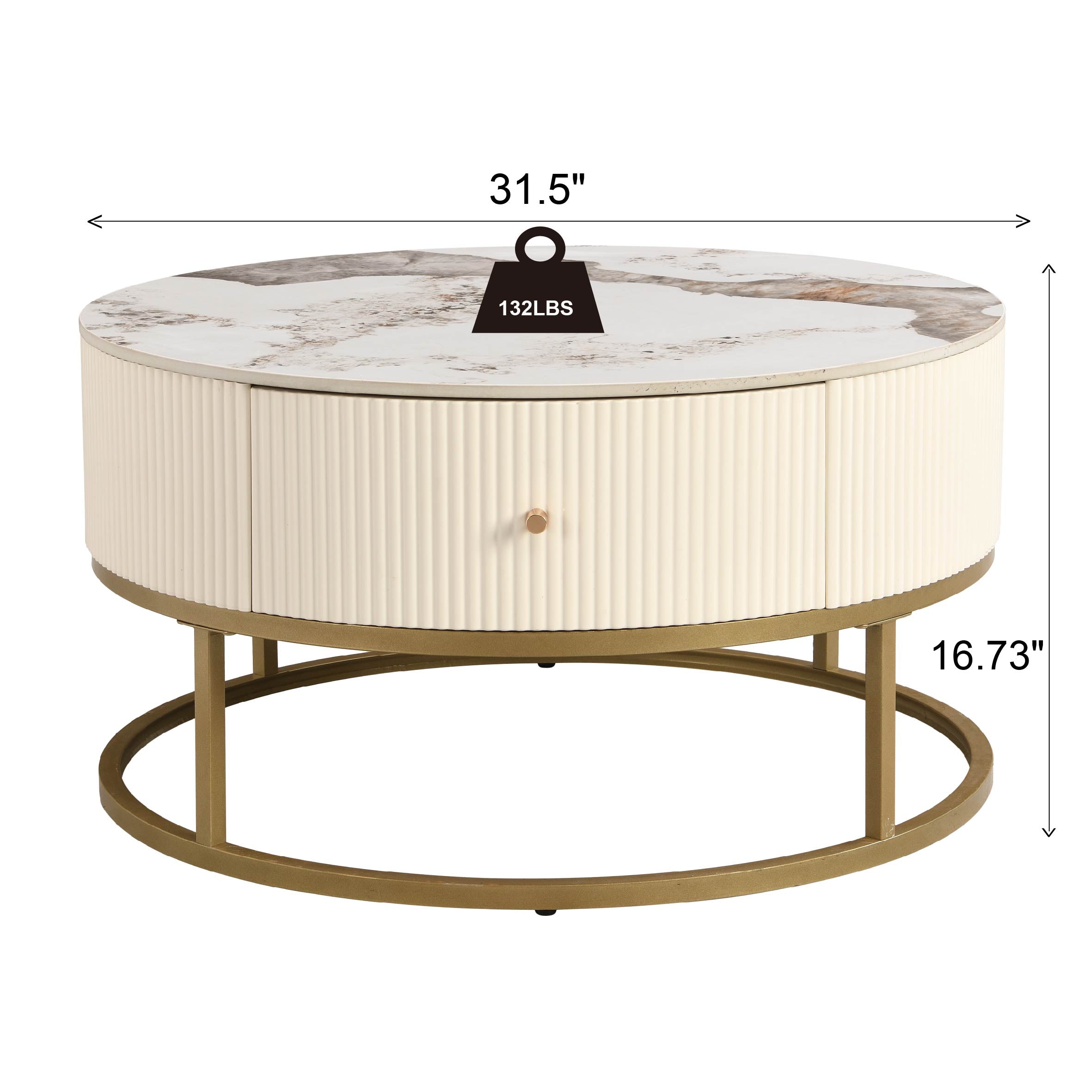 Table basse ronde moderne de 31,5 pouces avec tiroirs, table en marbre avec rangement, table basse de salon