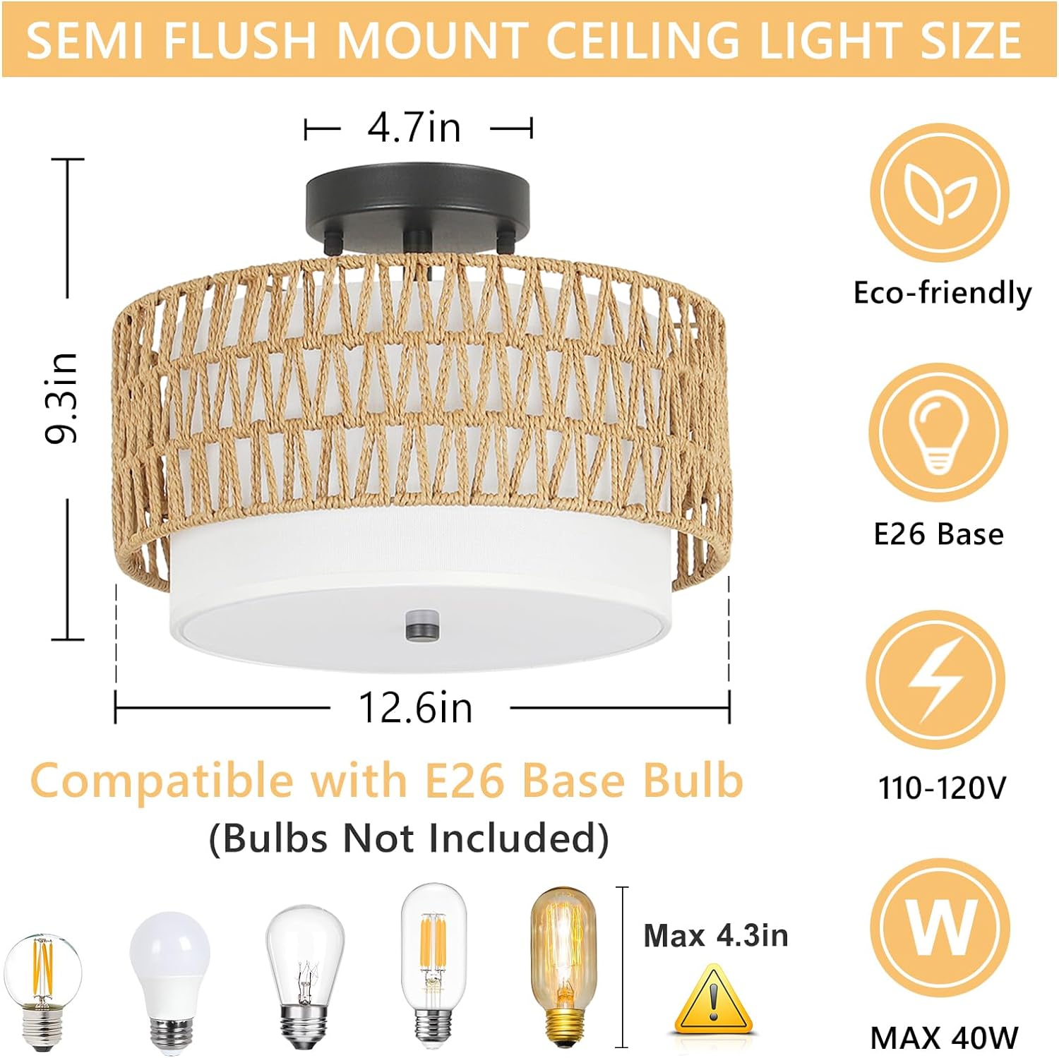 Plafonnier semi-encastré à 3 lampes, luminaire bohème en rotin, luminaire tambour de ferme avec abat-jour en tissu