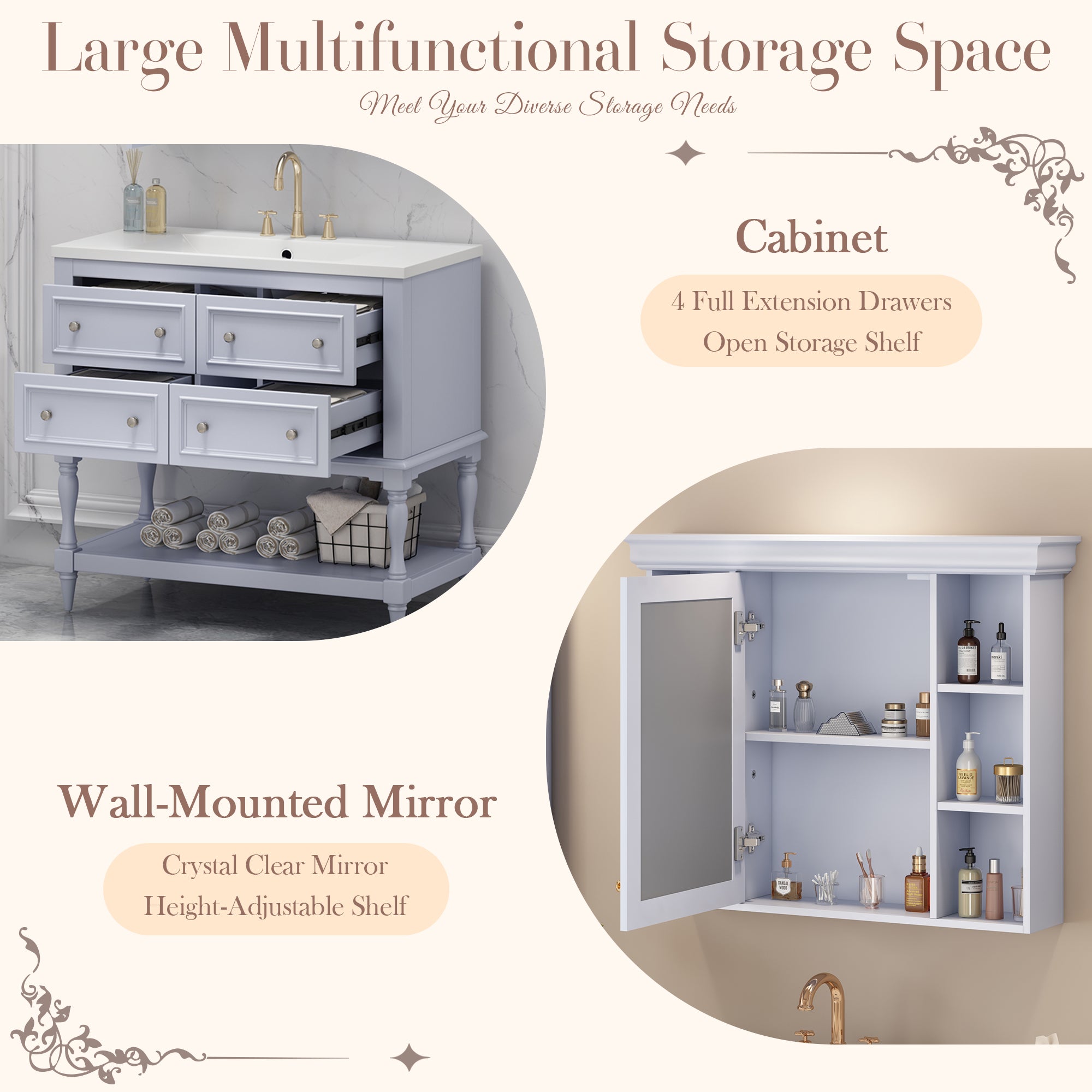 Meuble-lavabo de salle de bain 36'' avec armoire à pharmacie, armoire à miroir moderne avec étagère réglable, meuble de rangement de salle de bain avec 4 tiroirs