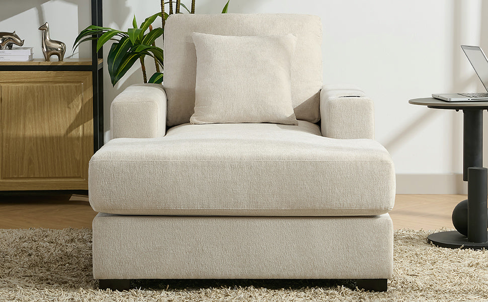 Canapé-lit surdimensionné de 100 cm, style moderne, avec coussins, station de charge et porte-gobelets, tissu chenille, couleur crème
