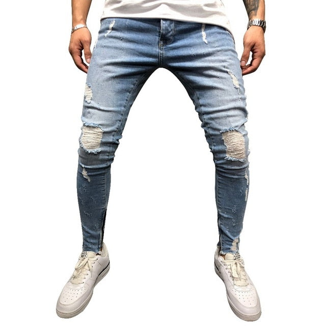 Jean déchiré à rayures latérales, mode streetwear, pantalon skinny extensible pour homme, slim, décontracté, en denim