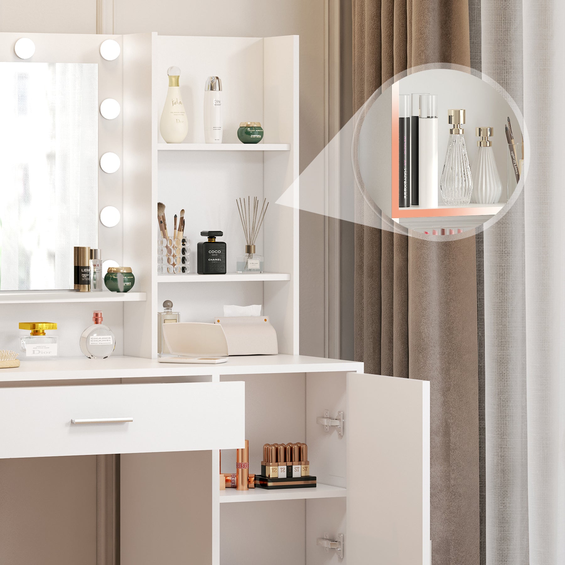 Grand tiroir avec miroir et lumière, meuble de rangement à trois niveaux, luminosité réglable pour 3 modes d'éclairage (blanc avec tabouret)