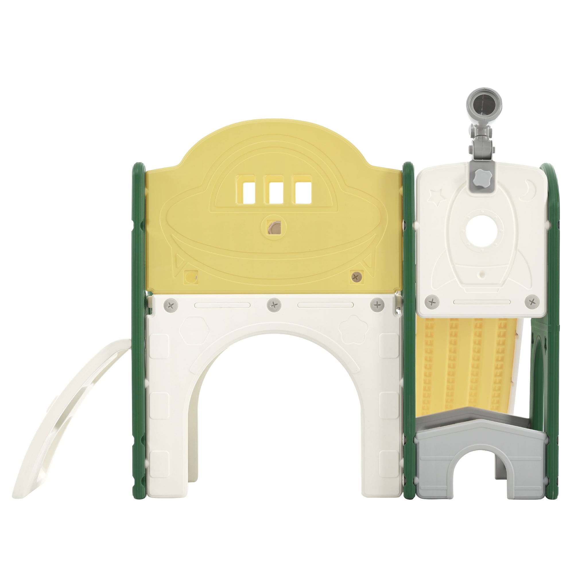 Structure de jeu pour enfants 7 en 1, vaisseau spatial autonome avec toboggan, tunnel en arche jaune + PEHD