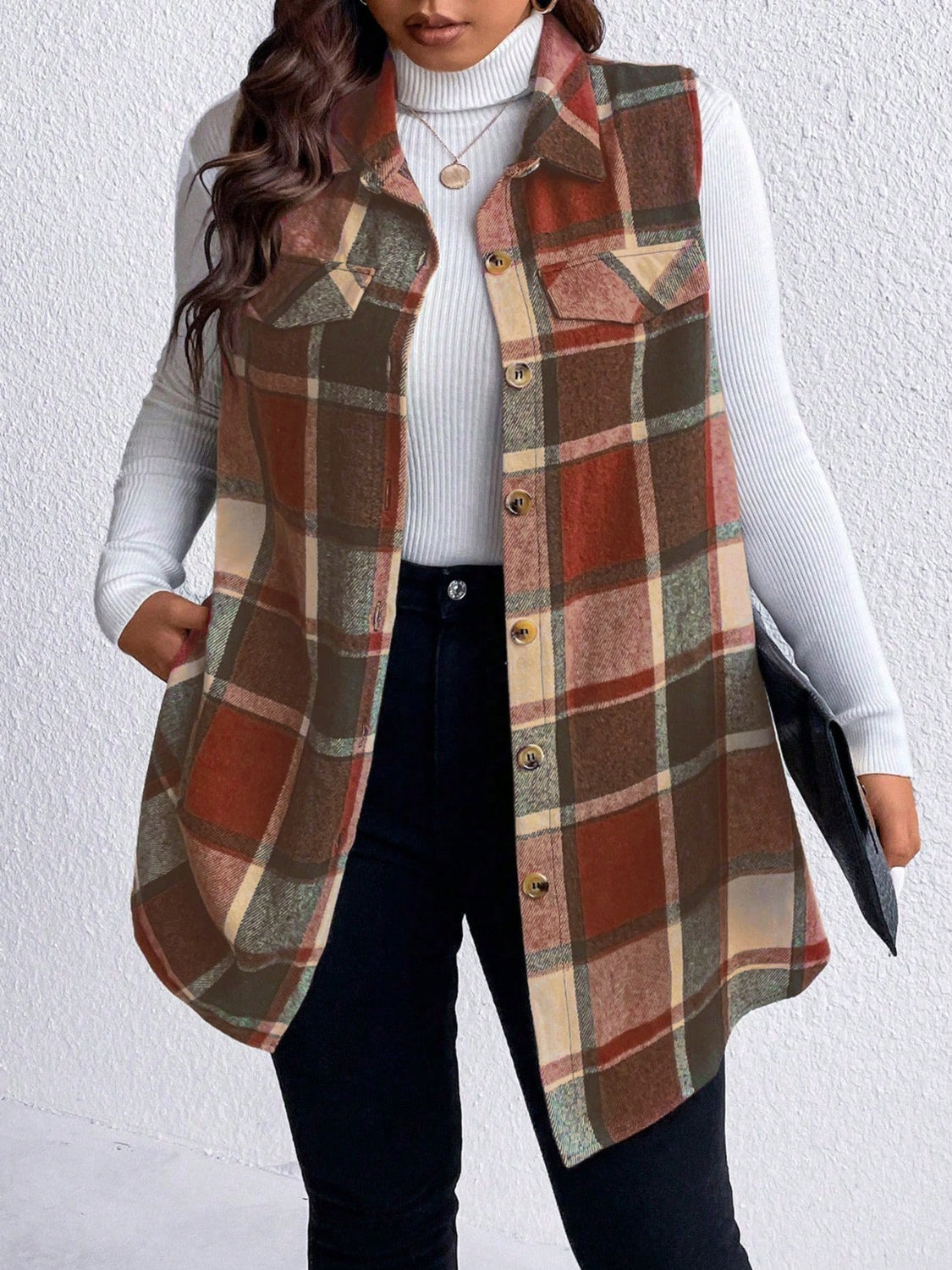 Manteau sans manches boutonné à carreaux et poches Honey grande taille