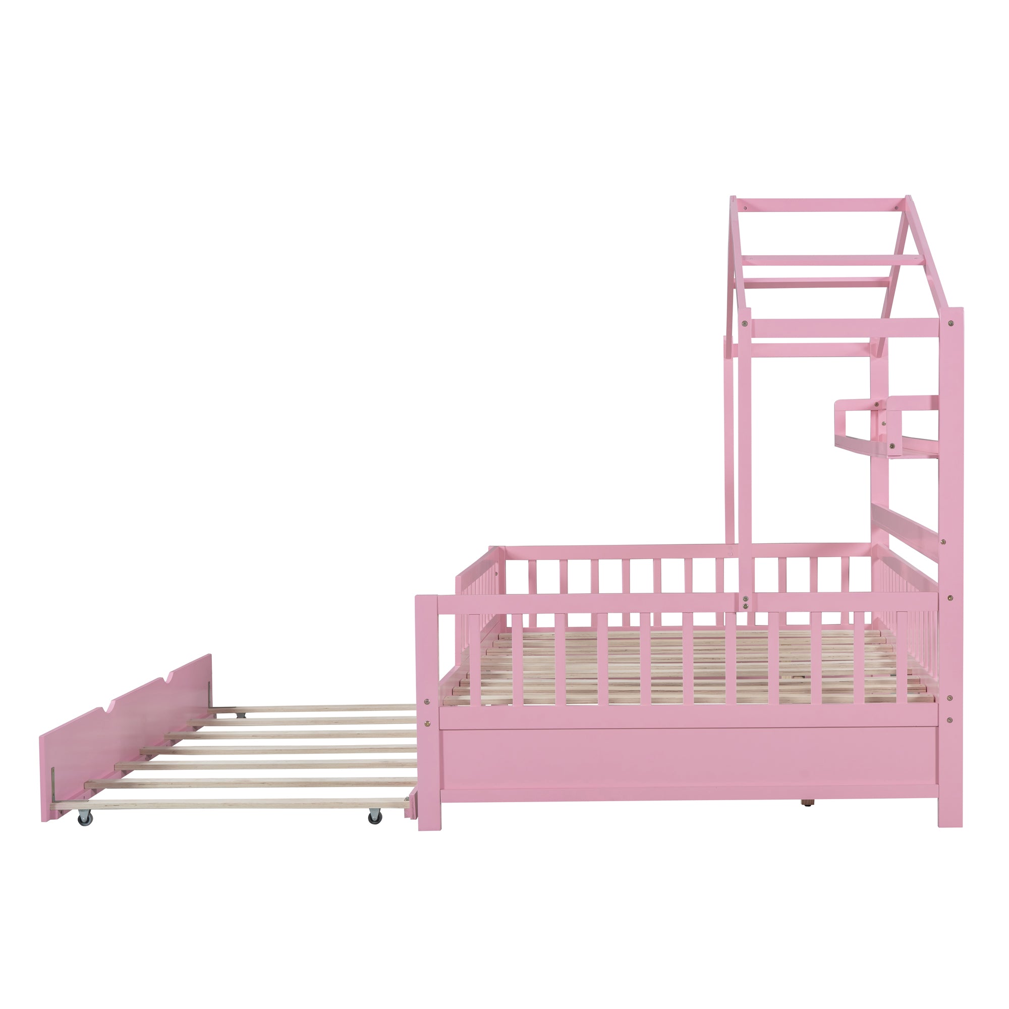 Lit cabane en bois pleine grandeur avec lit gigogne simple pour enfant et étagère, rose