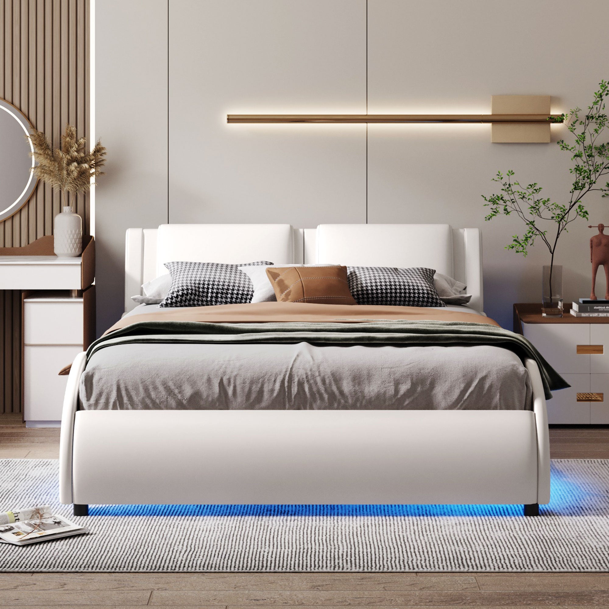 Lit plateforme rembourré en similicuir avec éclairage LED et cadre de lit à lattes - Blanc