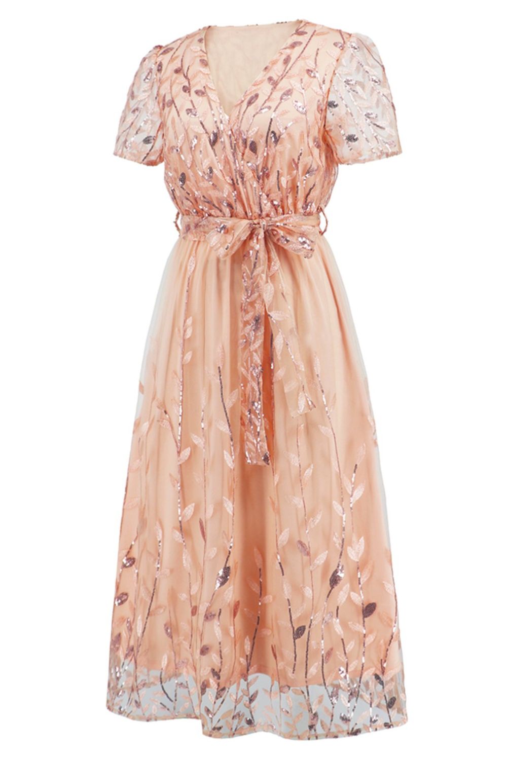 Robe à manches courtes avec broderie de feuilles à sequins et nœud sur le devant