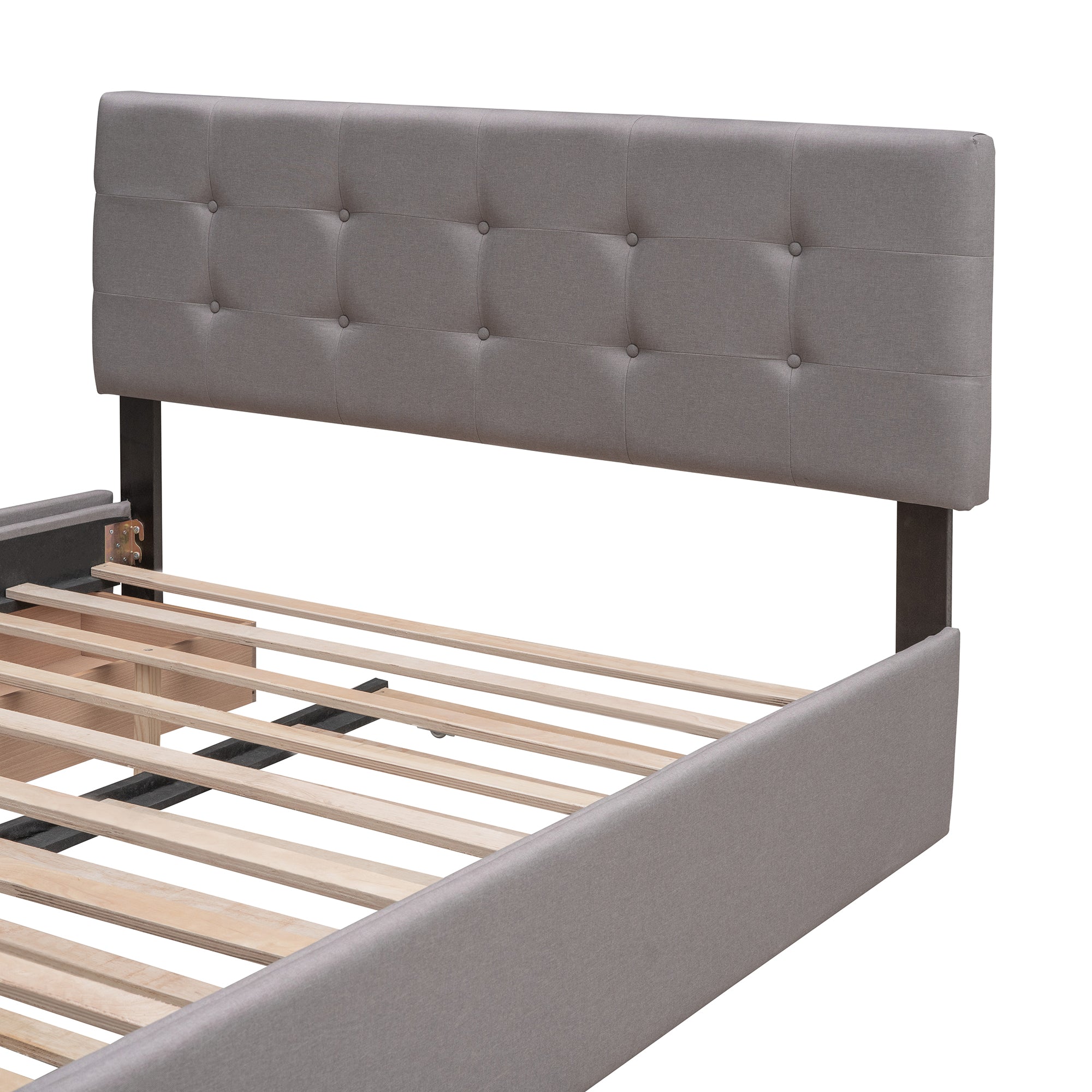 Lit plateforme rembourré avec 2 tiroirs et 1 lit gigogne simple XL en tissu lin, taille Queen - Gris clair