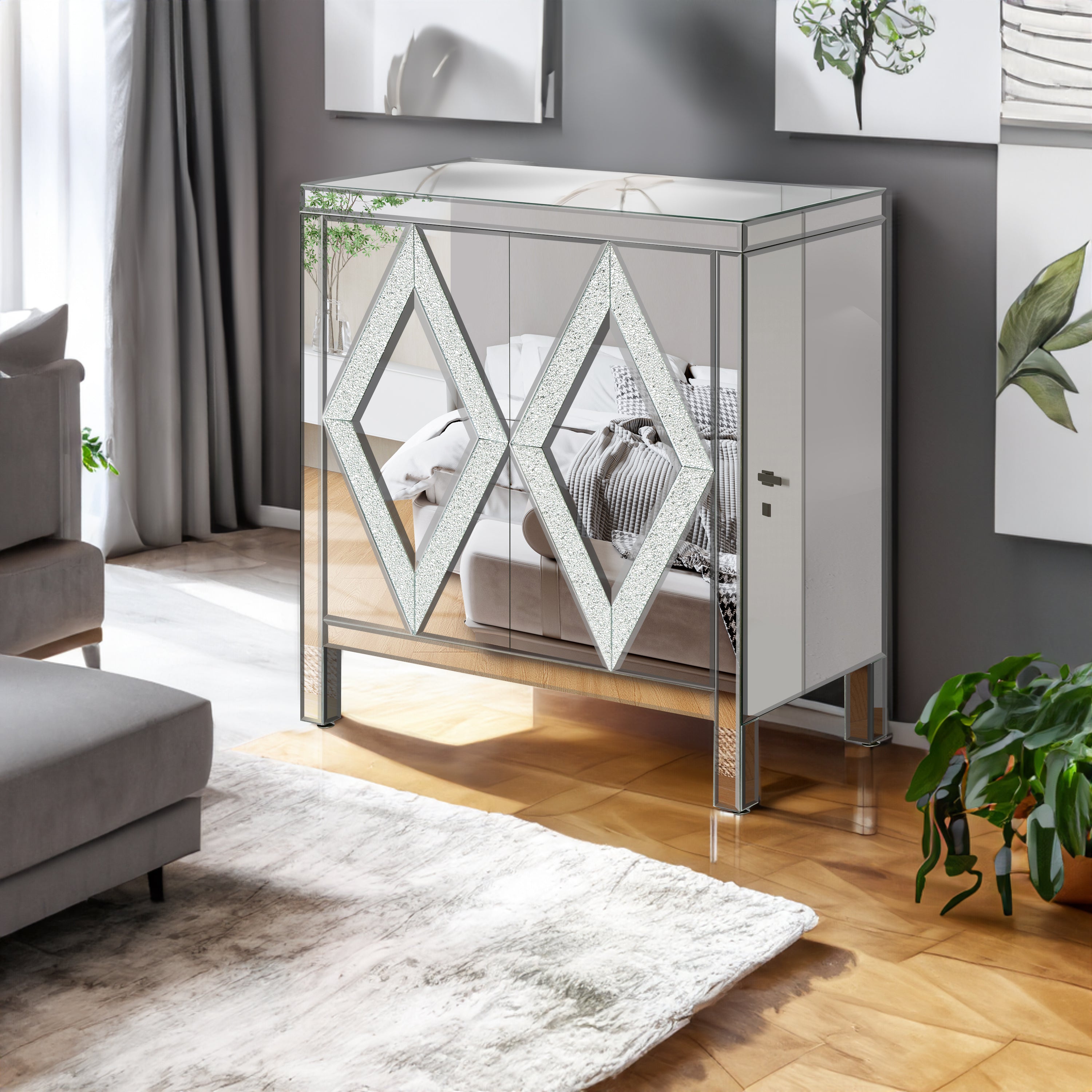Meuble de rangement avec garniture en miroir et design en forme de losange pour salon, salle à manger, entrée et cuisine