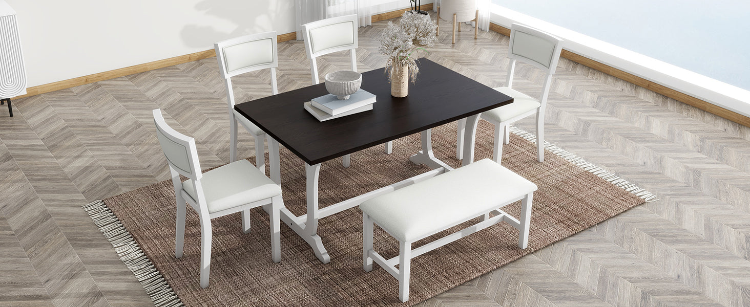 TOPMAX Farmhouse 6-Piece Trestle Dining Table Set with Upholstered Dining Chairs and Bench 59inch, White
