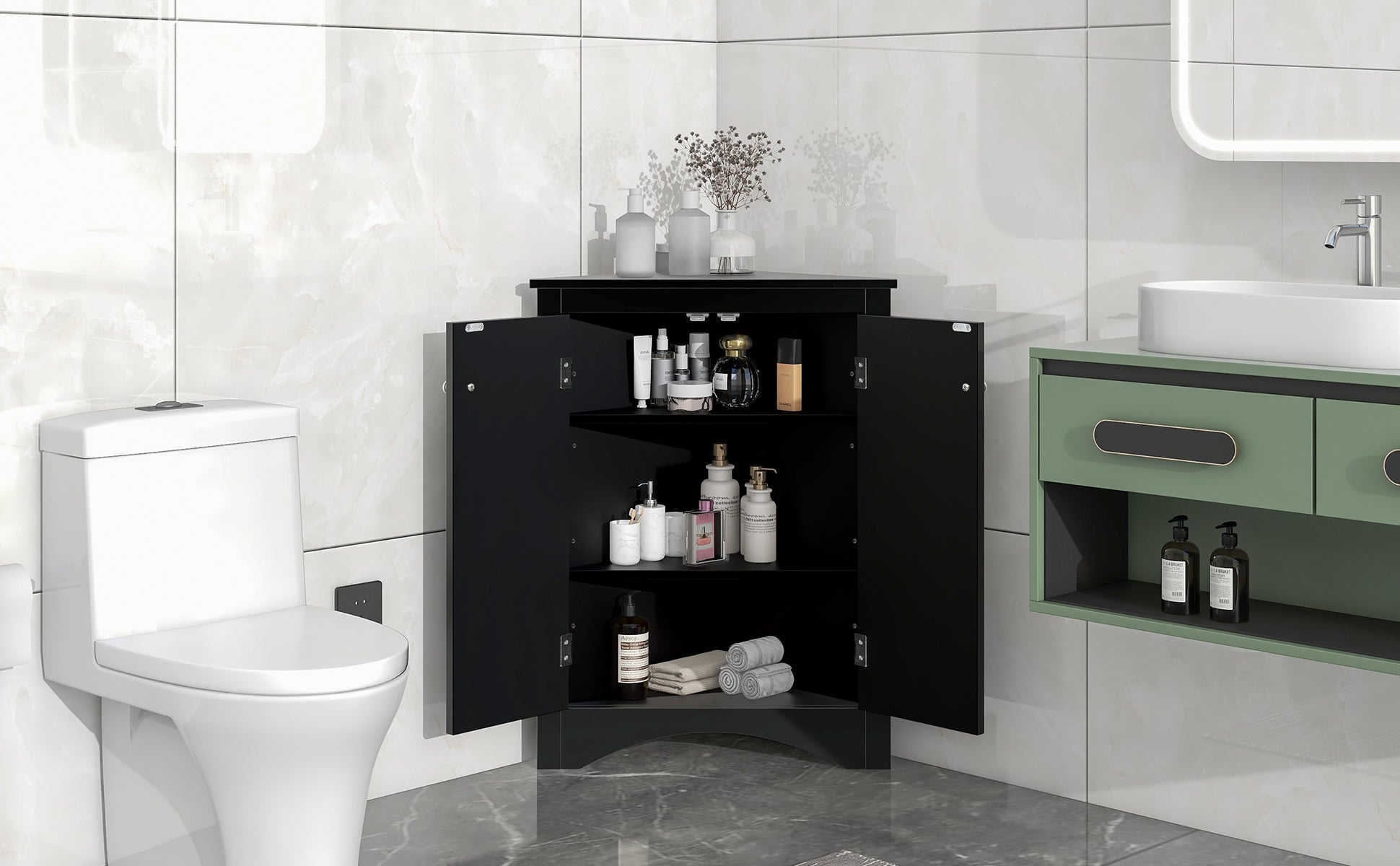 Meuble de rangement triangulaire noir pour salle de bain avec étagères réglables, meuble de sol autoportant pour cuisine