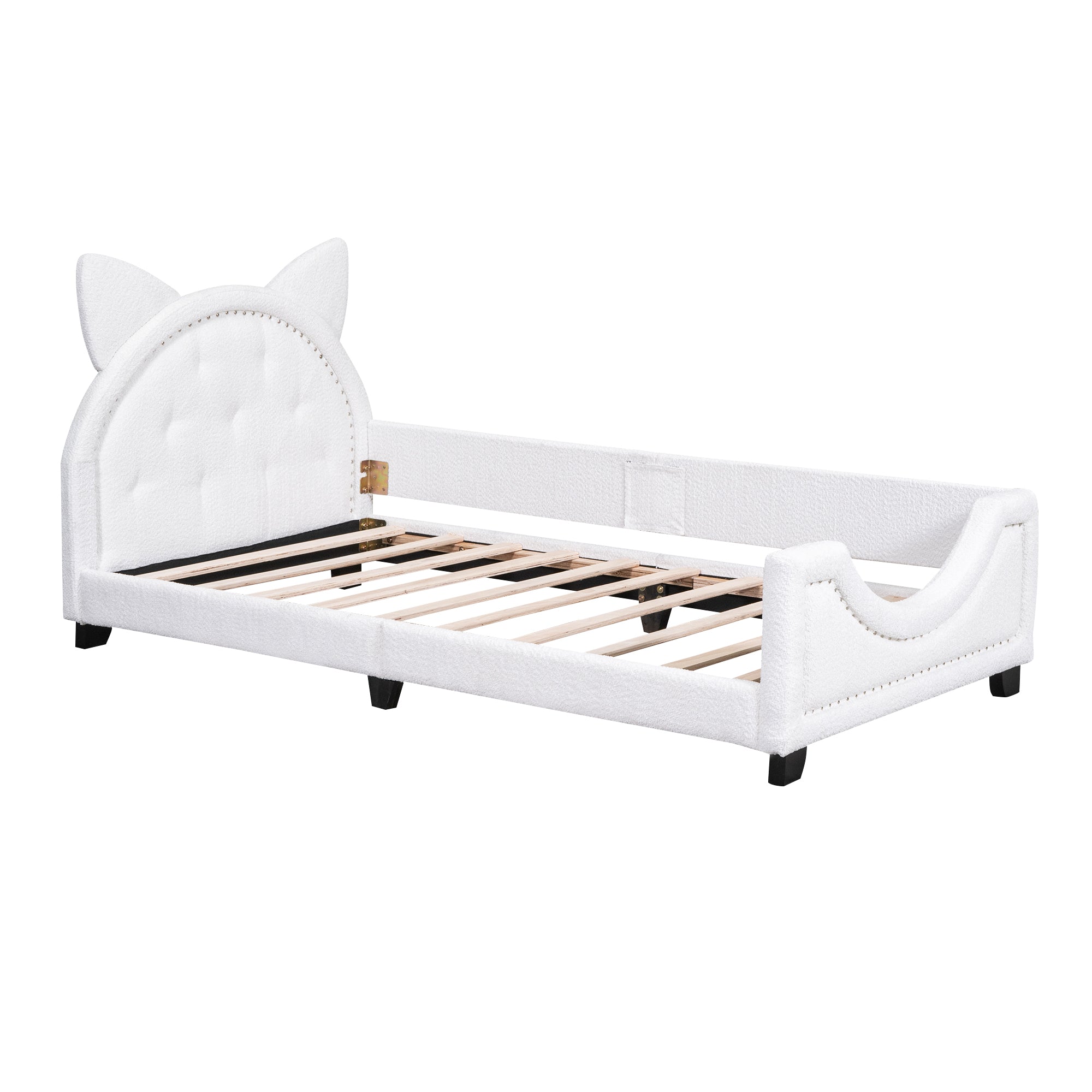 Teddy Fleece Twin Size Upholstered Daybed with Carton Ears Shaped Headboard White