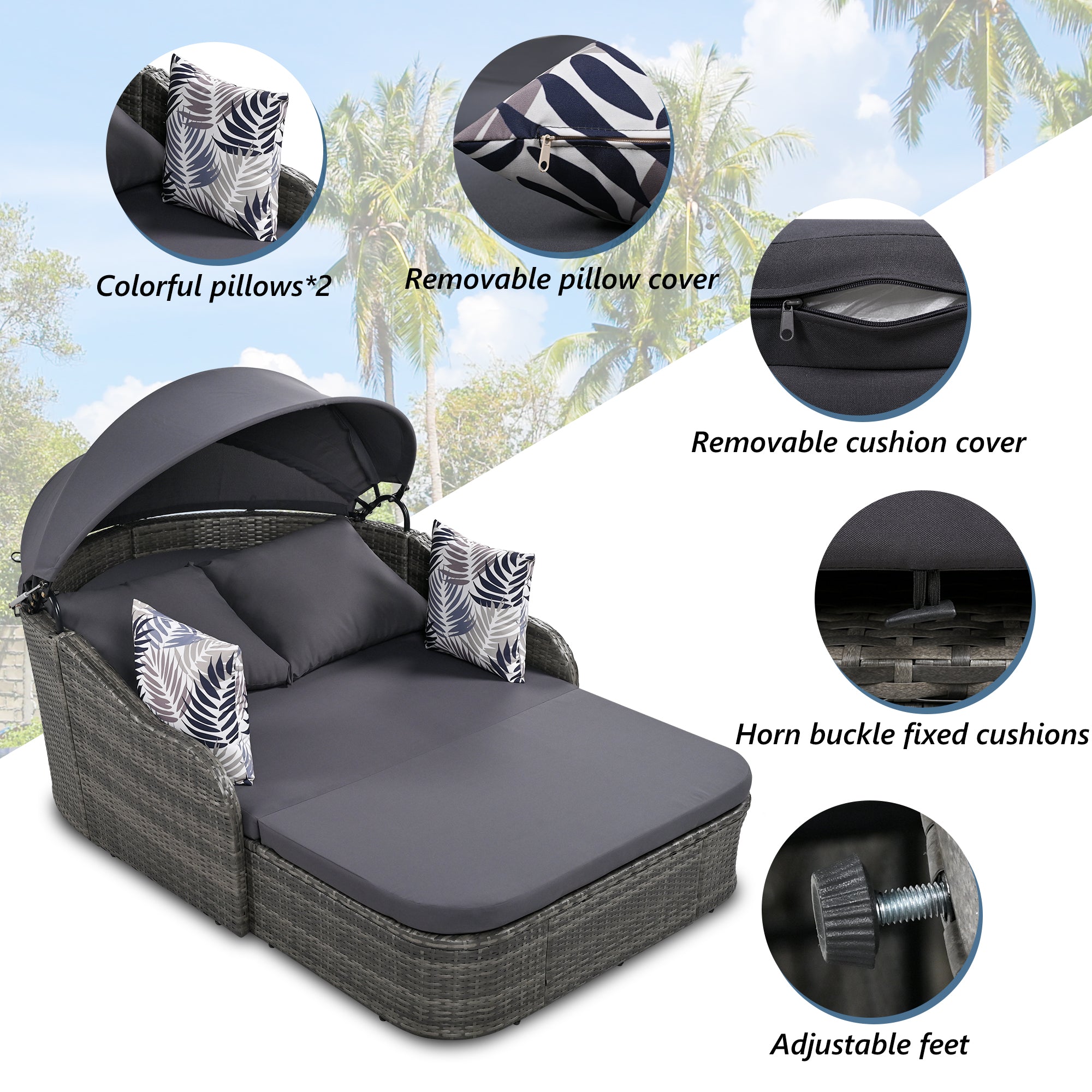 Chaise longue d'extérieur GO 79,9" avec auvent réglable, double salon, lit de repos en rotin synthétique, osier gris et coussin