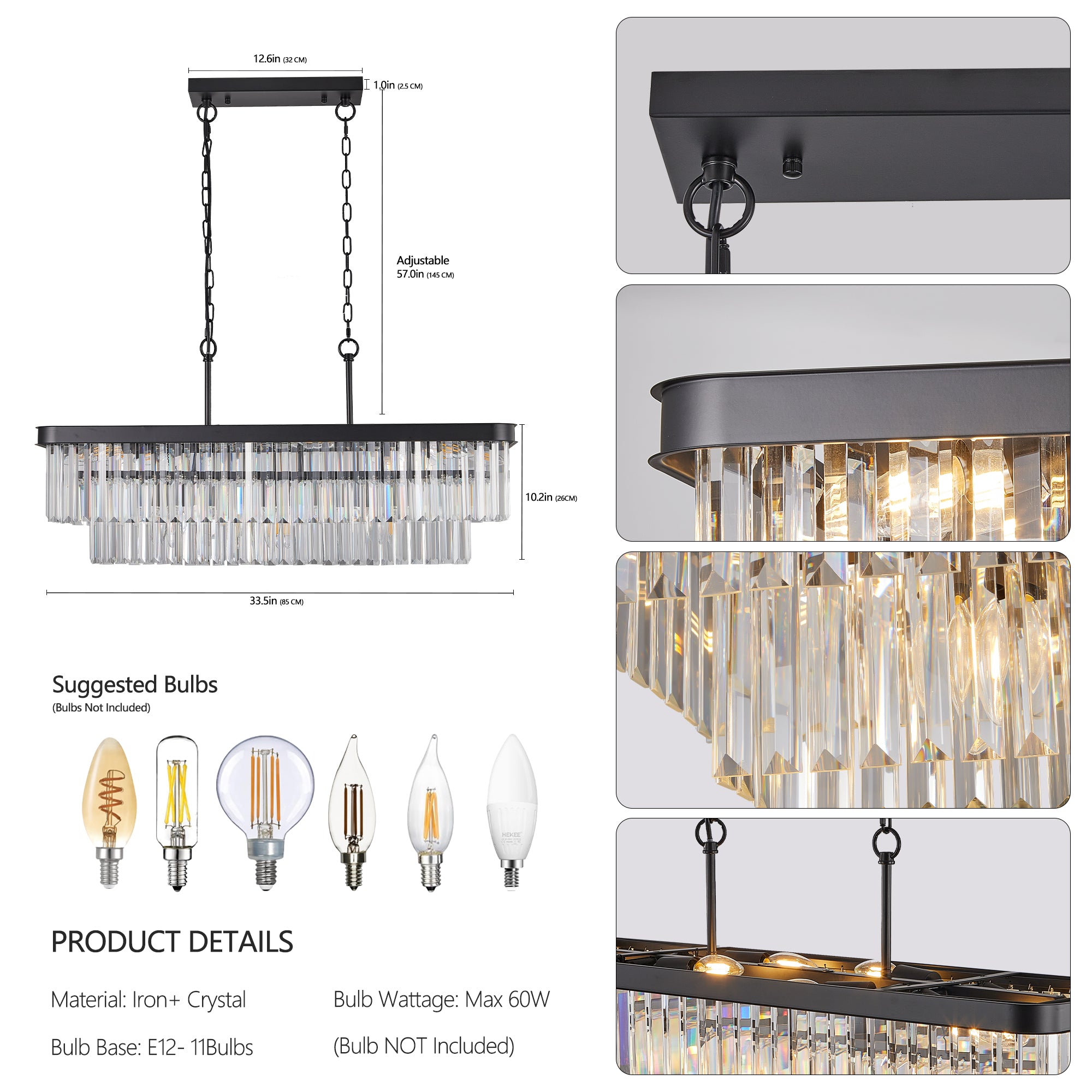 Chandeliers,Rectangular Crystal Chandelier Adjustable,E12 Modern Industrial Crystal Lights (Bulb Not Included)