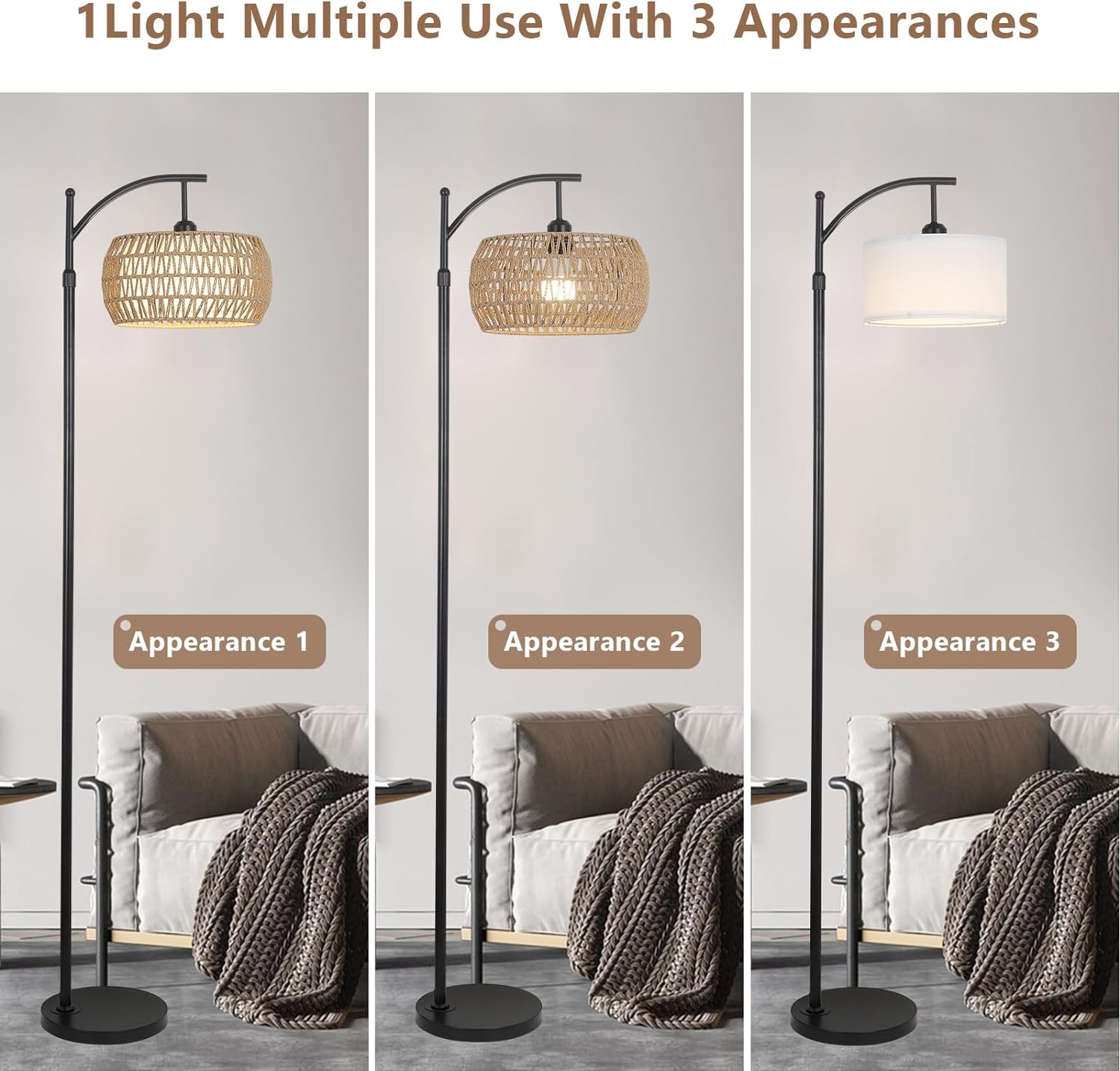 Lampadaire arc avec télécommande, lampadaire LED à intensité variable avec 3 températures de couleur, lampe à poteau haut style ferme bohème