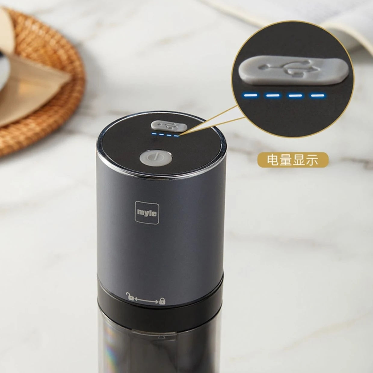 Moulin à café électrique, moulin à grains de café, chargeur USB, moulin à expresso en acier inoxydable, moulin à épices