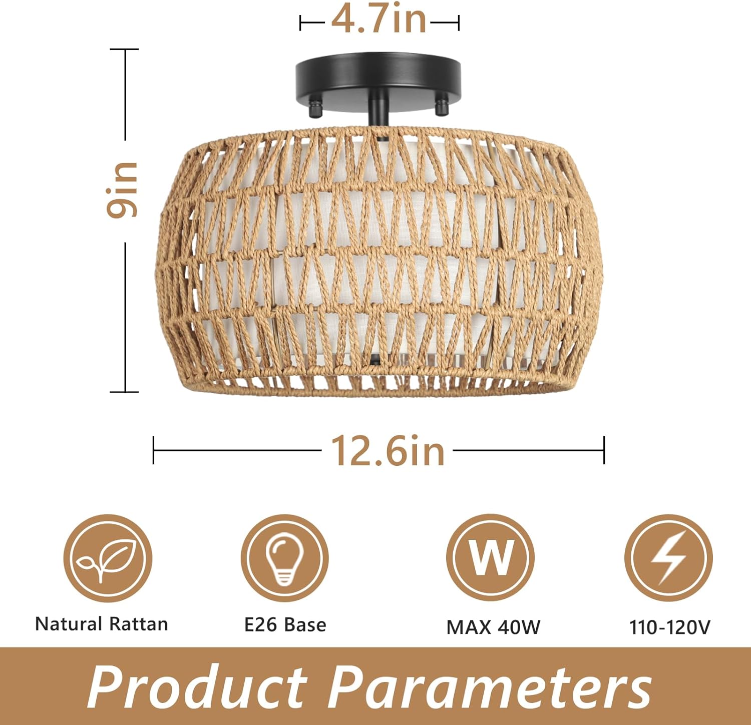 Plafonnier Boho, semi-encastré en rotin, luminaire de style campagnard avec abat-jour en tissu