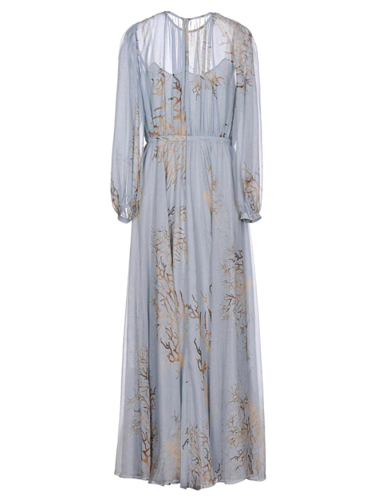 Robe d'été élégante pour femme, tenue de soirée élégante, taille haute, manches lanternes, bleu, imprimé