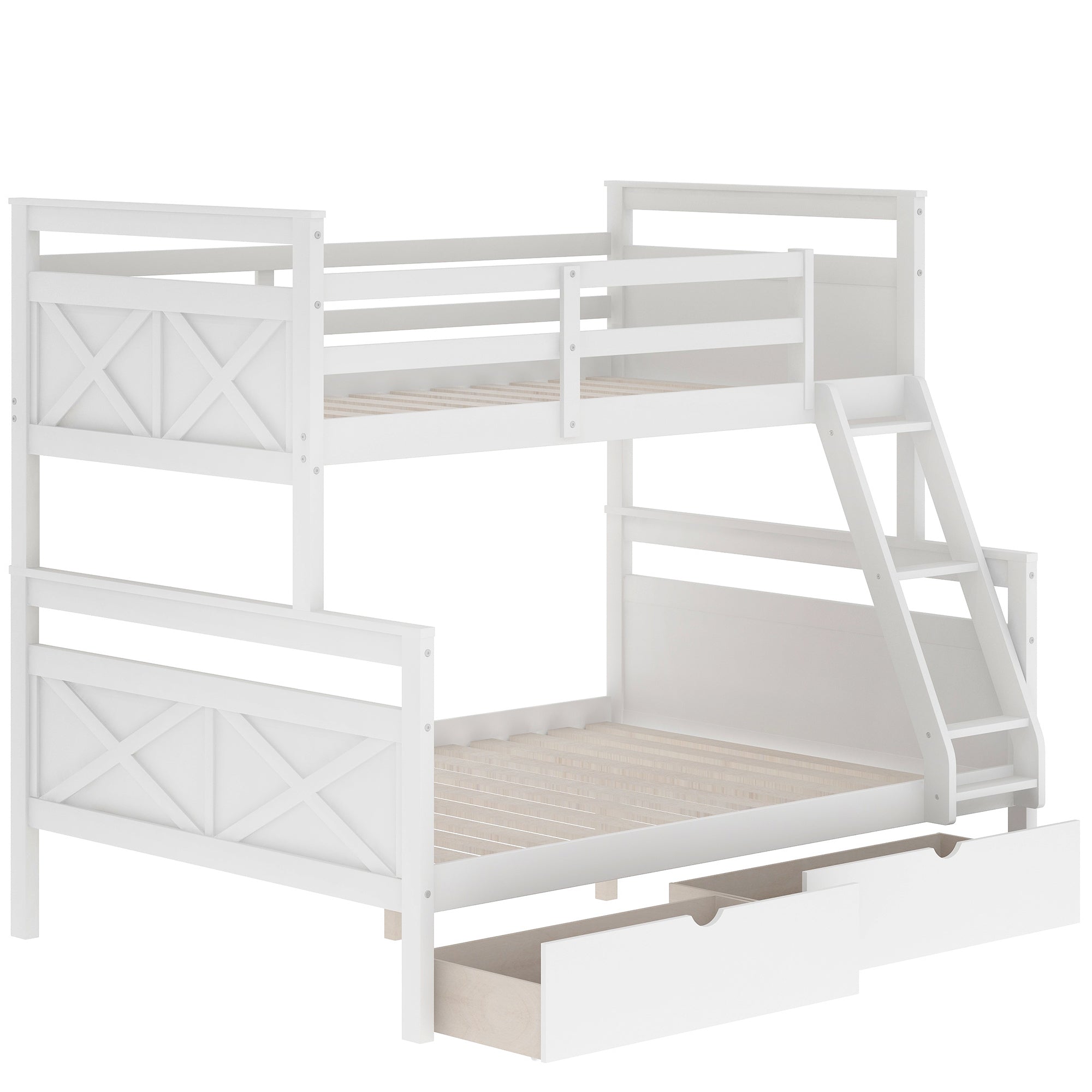 Twin over Full Bunk Bed with Ladder, Two Storage Drawers, Safety Guardrail White