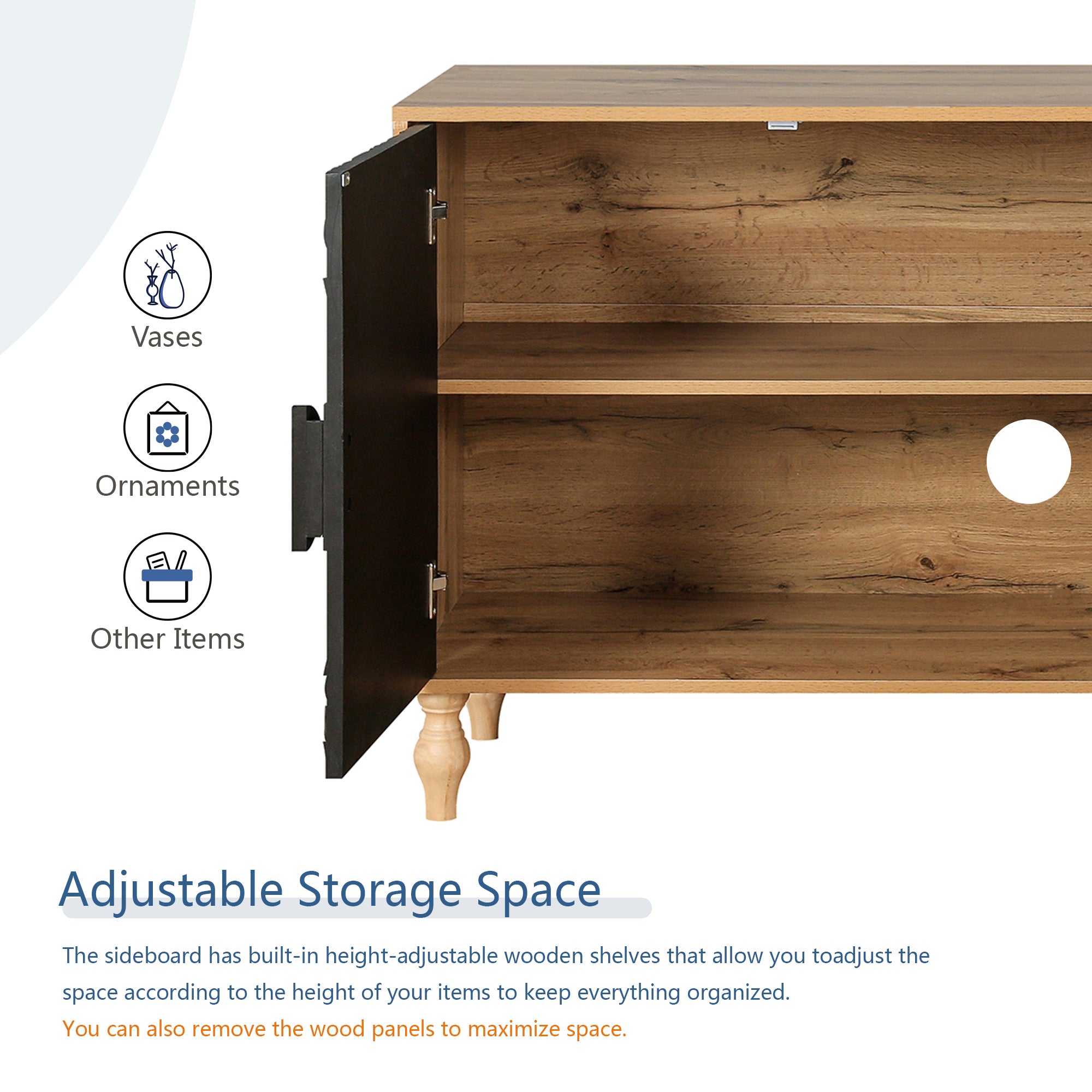 Black Carved Symmetrical Design Door And Wood Coloured Frame For TV Stand Table,Living Room ,Entryway