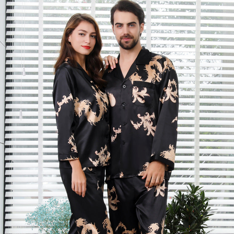 Ensemble de vêtements de nuit en soie simulée pour couple, nouveaux vêtements à manches longues pour hommes et femmes, col en V, en soie imprimée dragon et phénix