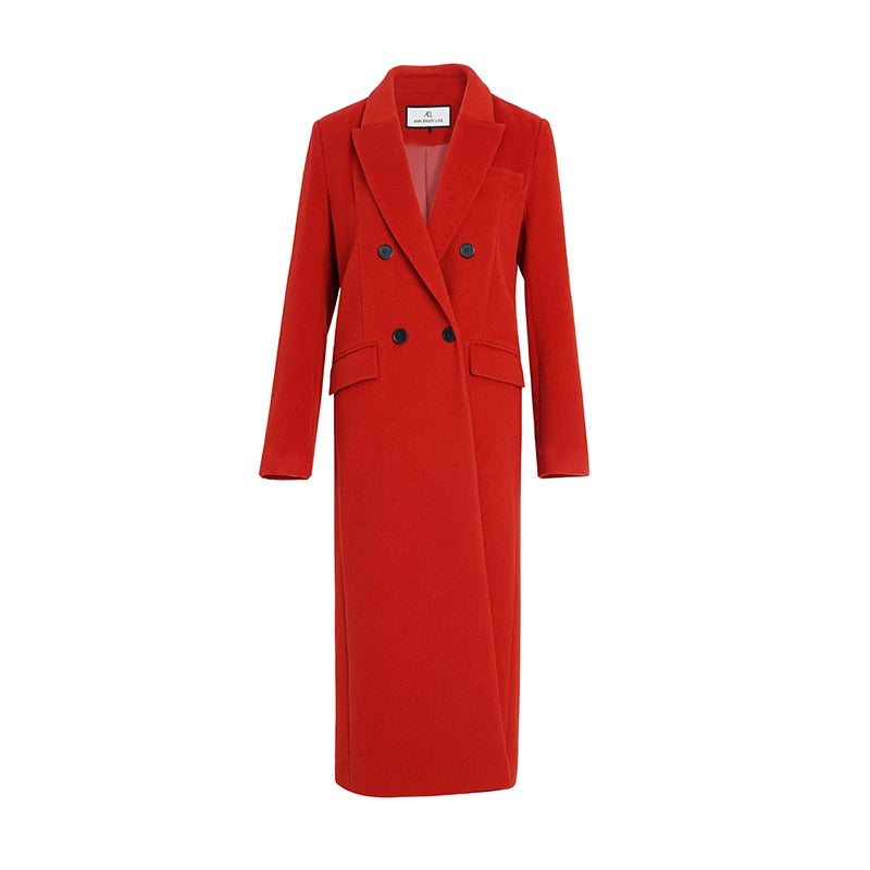 Manteau long en laine rouge à double boutonnage, style vintage, ample