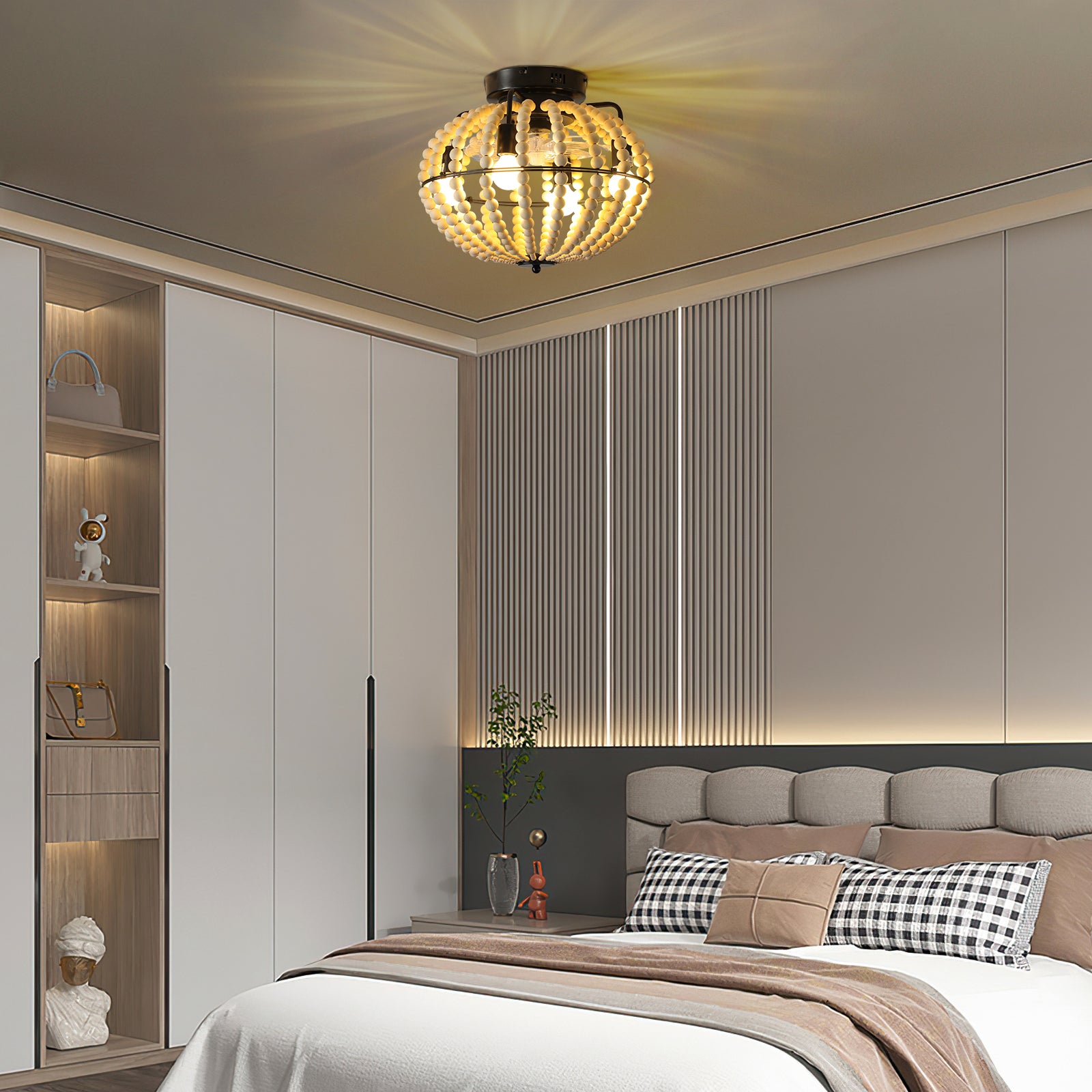 Lampe éventail perlée Lustre en bois perlé Chêne Blanc