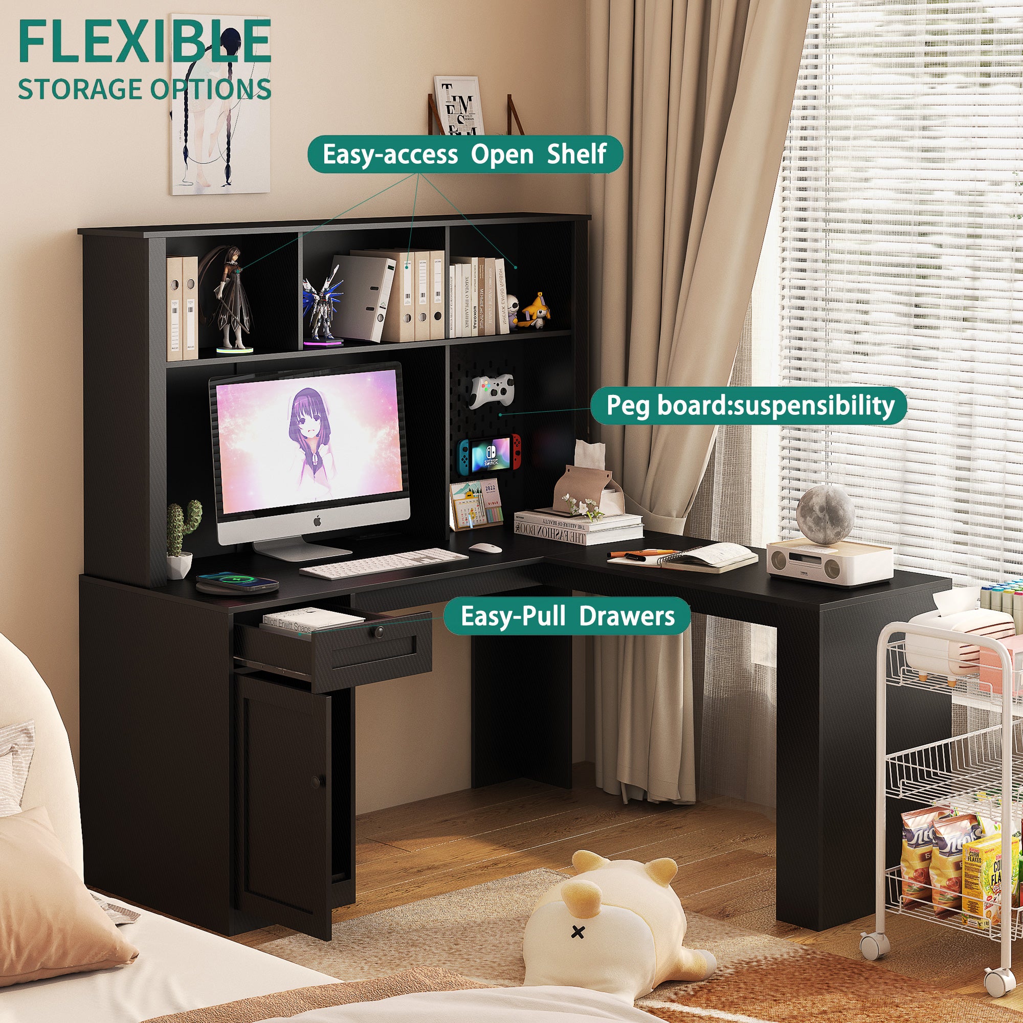 Bureau avec tiroir, étagère et chargeur, bureau moderne en L avec espace de rangement, bureau d'ordinateur de jeu d'angle