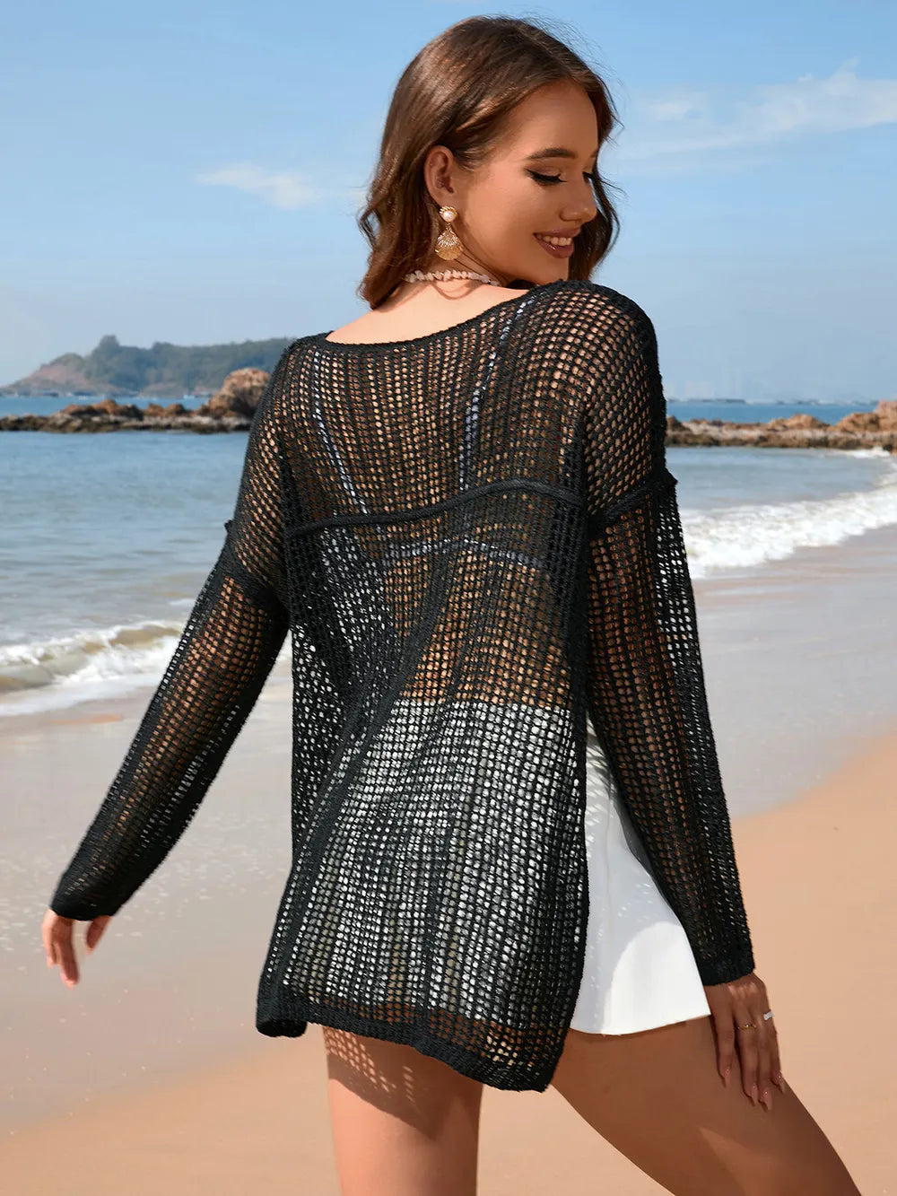 Solid color long sleeved knitted fashionable vacation bikini beach cover shirt