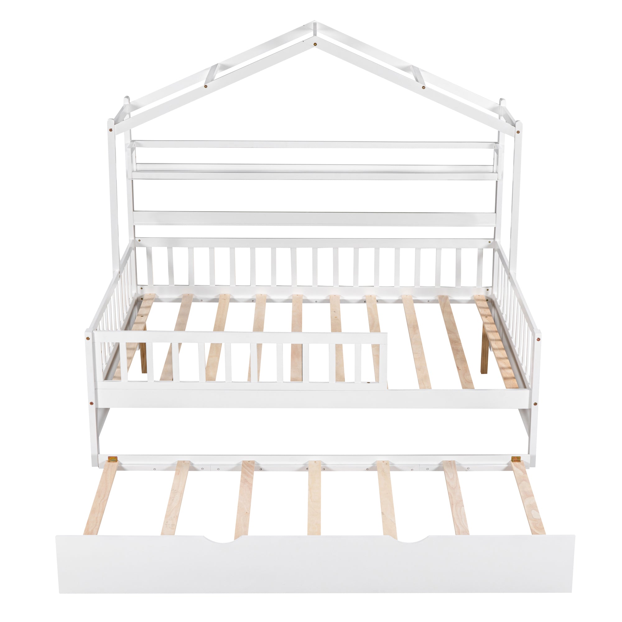 Wooden Full Size House Bed with Twin Size Trundle Kids Bed with Shelf White
