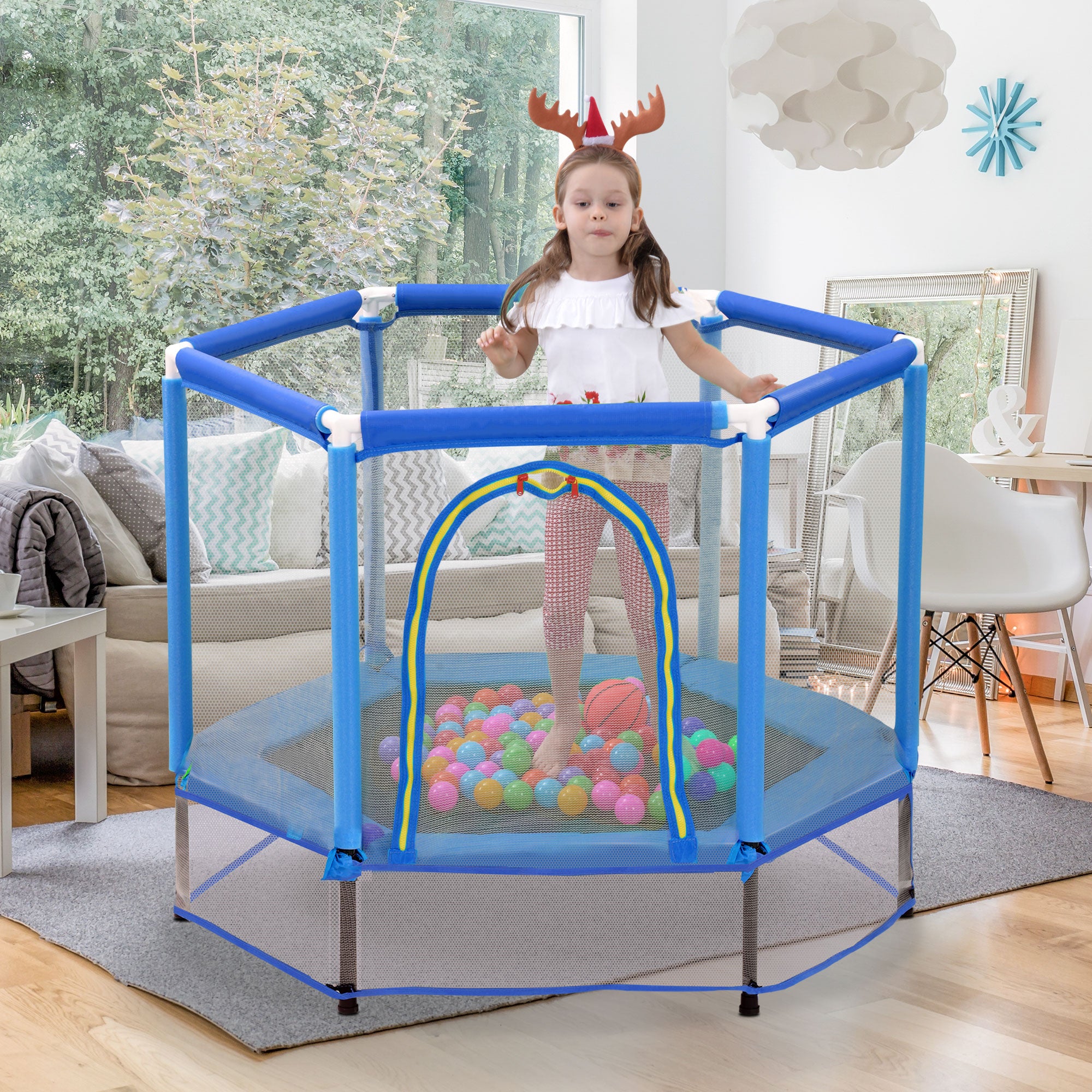 Trampoline pour tout-petits de 55 pouces avec filet de sécurité et balles, mini trampoline intérieur/extérieur pour enfants