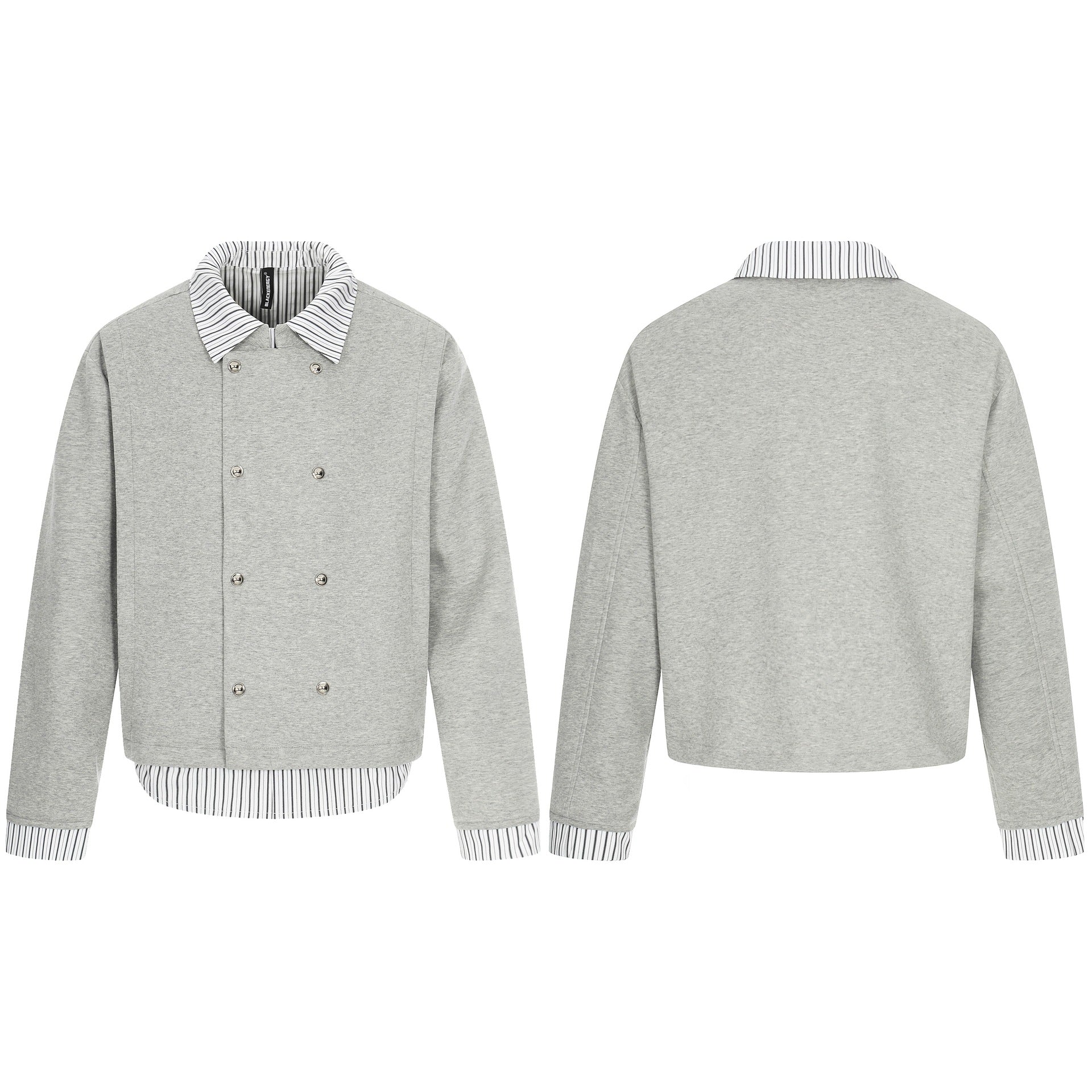 Striped Shirt Collar Spliced Mock Two-Piece Double-Breasted Jacket Coat