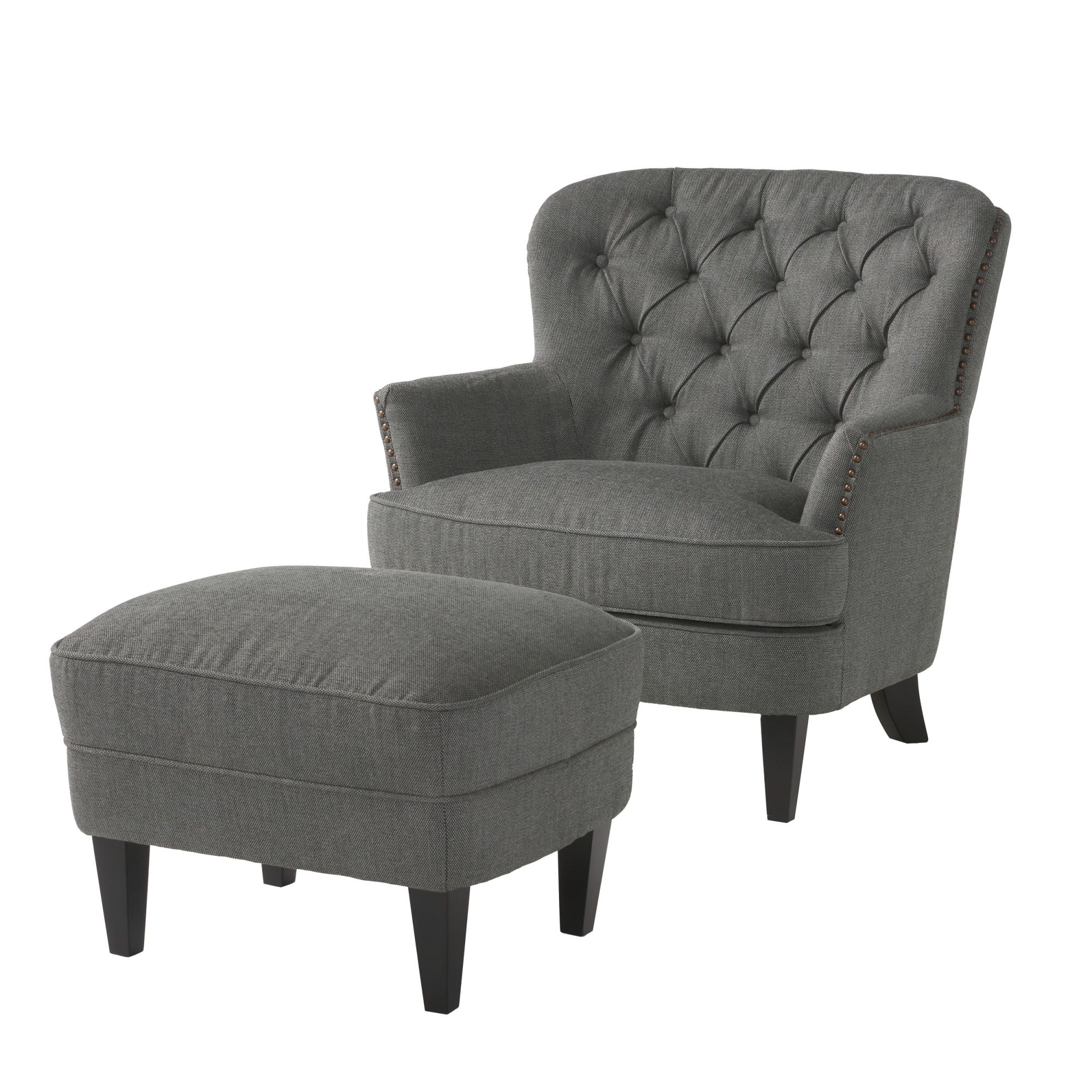 Ensemble de fauteuil club et ottoman en tissu gris moderne, fauteuil rembourré élégant, associé à un style ottoman