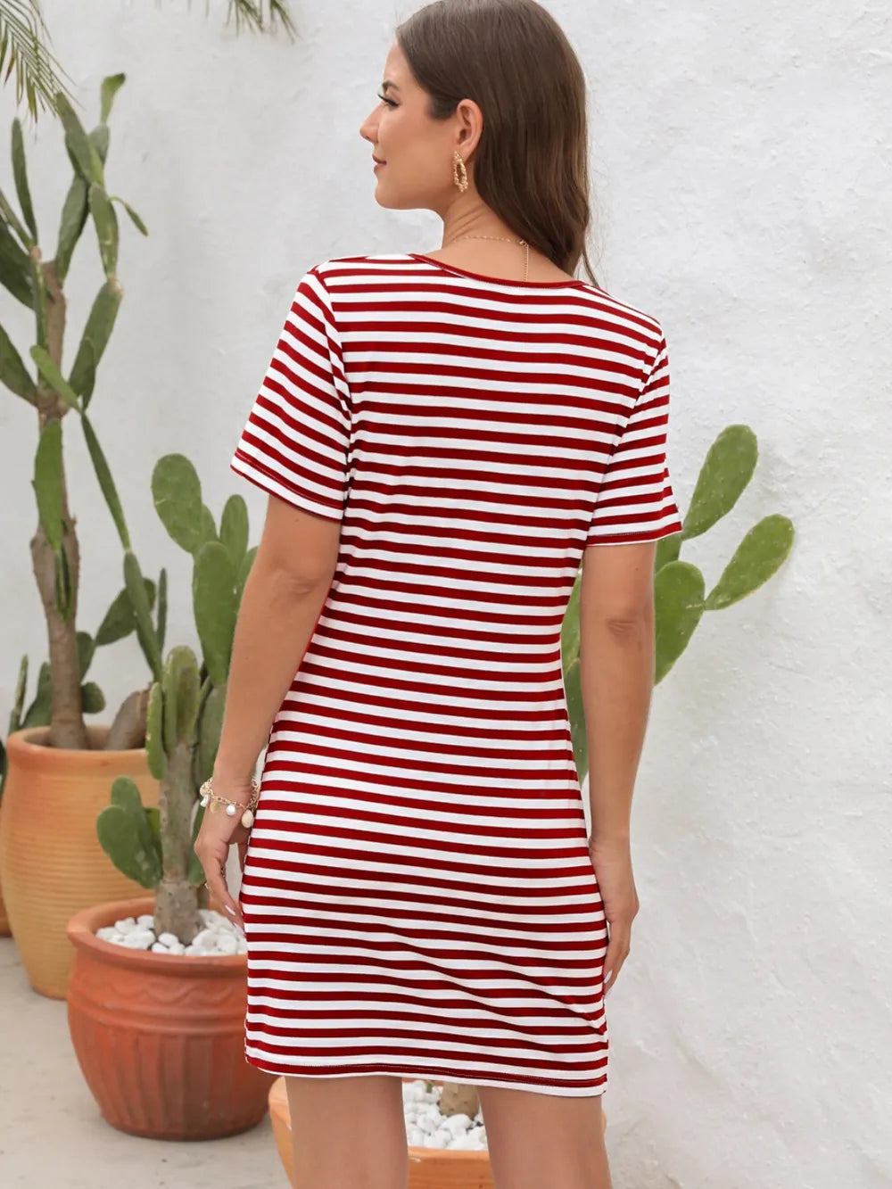 Cutout Striped Round Neck Short Sleeve Dress