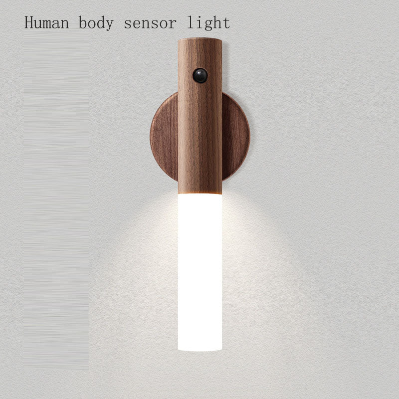 Lampe de table intelligente à capteur de corps humain, lampe de table domestique simple en grain de bois, lampe de nuit rechargeable par USB pour chambre à coucher et couloir