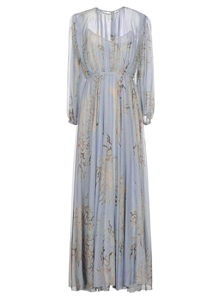 Robe d'été élégante pour femme, tenue de soirée élégante, taille haute, manches lanternes, bleu, imprimé