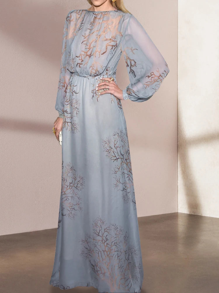 Robe d'été élégante pour femme, tenue de soirée élégante, taille haute, manches lanternes, bleu, imprimé