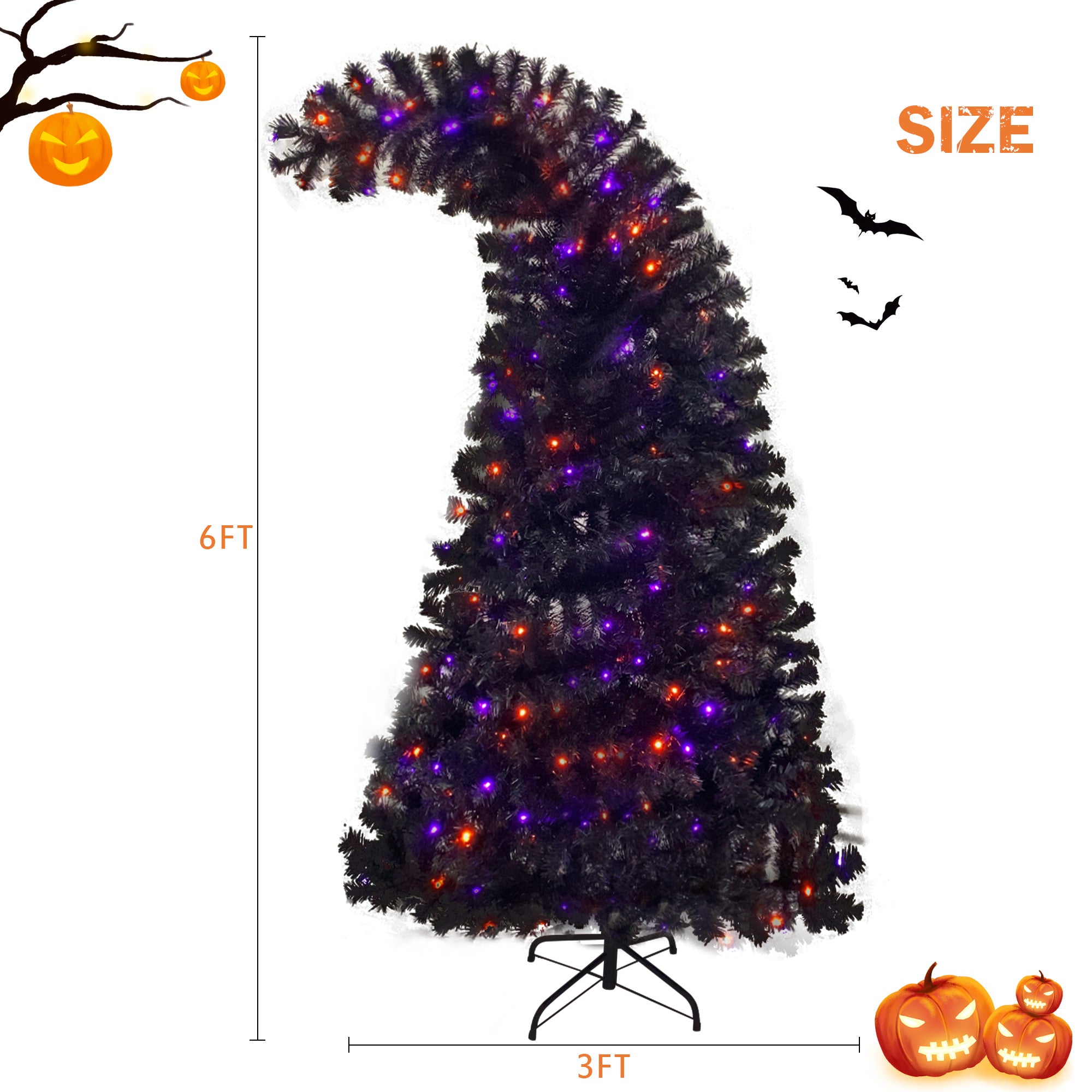 Sapin artificiel d'Halloween à sommet incurvé de 6 pieds, avec 1080 pointes de branches luxuriantes et 300 lumières LED dans un style de Noël et d'Halloween