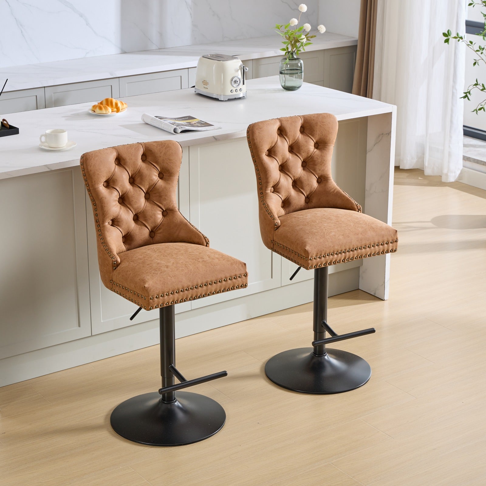 Tabouret de bar rotatif vintage en PU, hauteur d'assise réglable de 25 à 33 pouces, tabouret de bar moderne (orange, ensemble de 2 pièces)