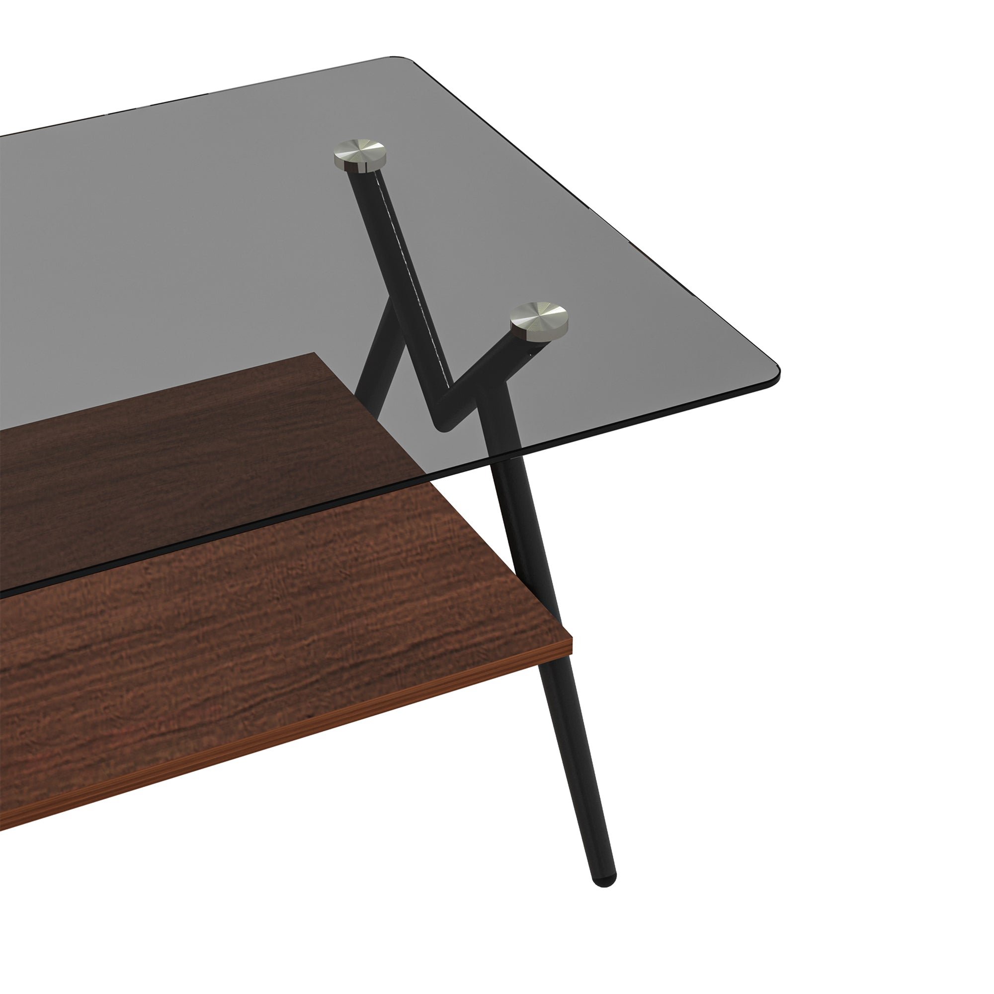 Table basse rectangulaire avec plateau en verre trempé et étagère en MDF marron, table moderne pour salon, verre gris