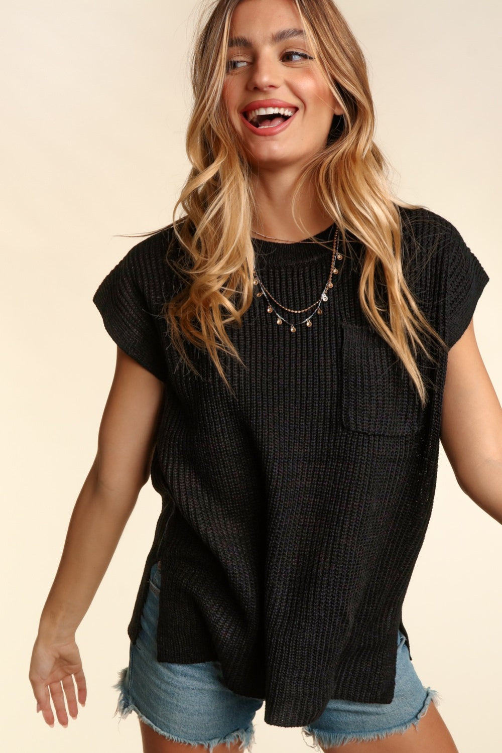 Haut en tricot à manches courtes et col rond avec poches Haptics