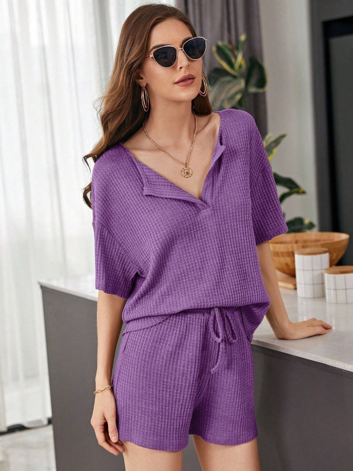 Ensemble haut et short en tricot gaufré à épaules tombantes, taille réelle