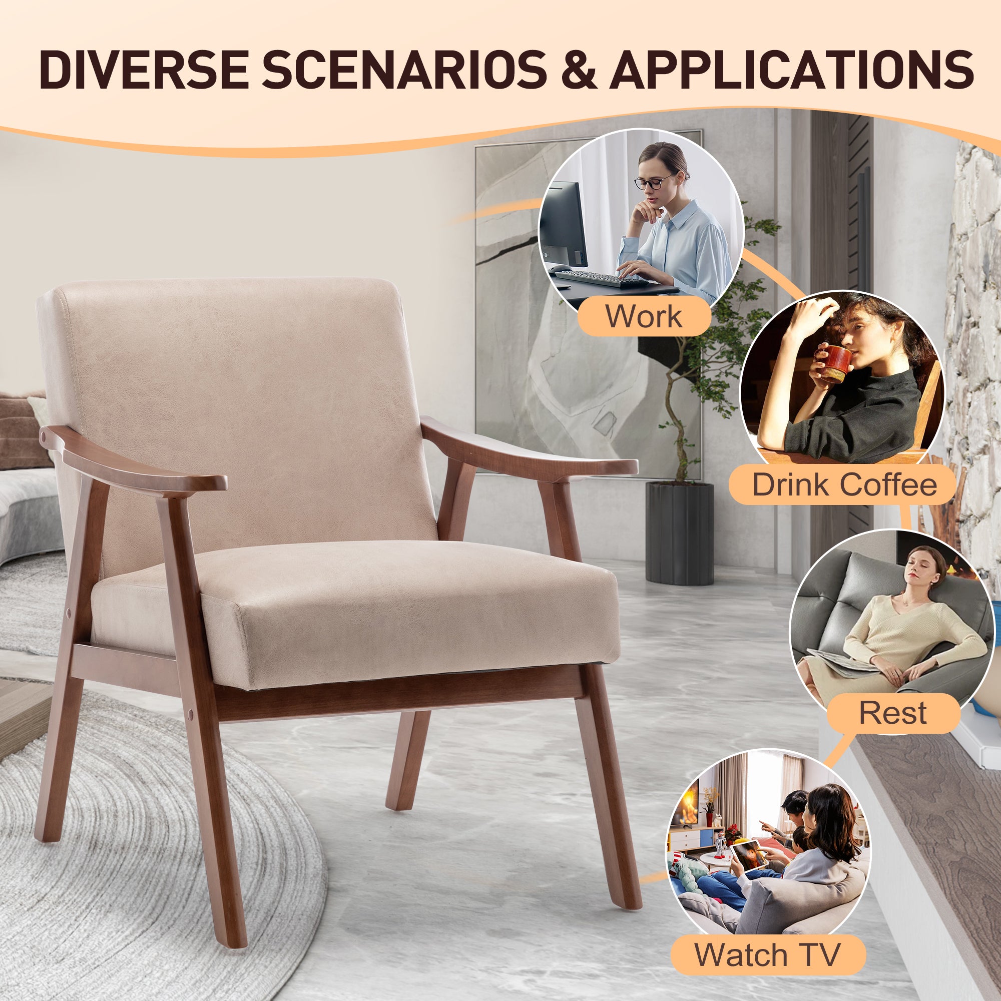 Chaise de salon à cadre en bois massif, chaise d'appoint avec dossier épais, chaise décontractée Indoo