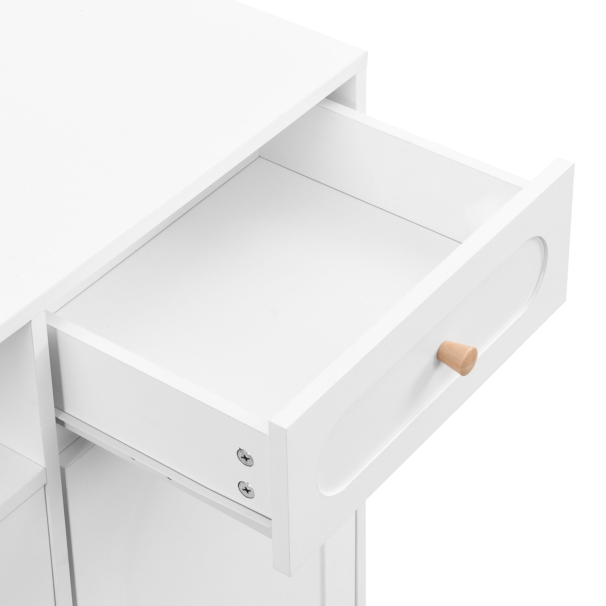 Meuble à chaussures élégant ON-TRANS avec portes et tiroirs cintrés, panneaux latéraux de rangement, étagères réglables et pieds en bois massif, blanc