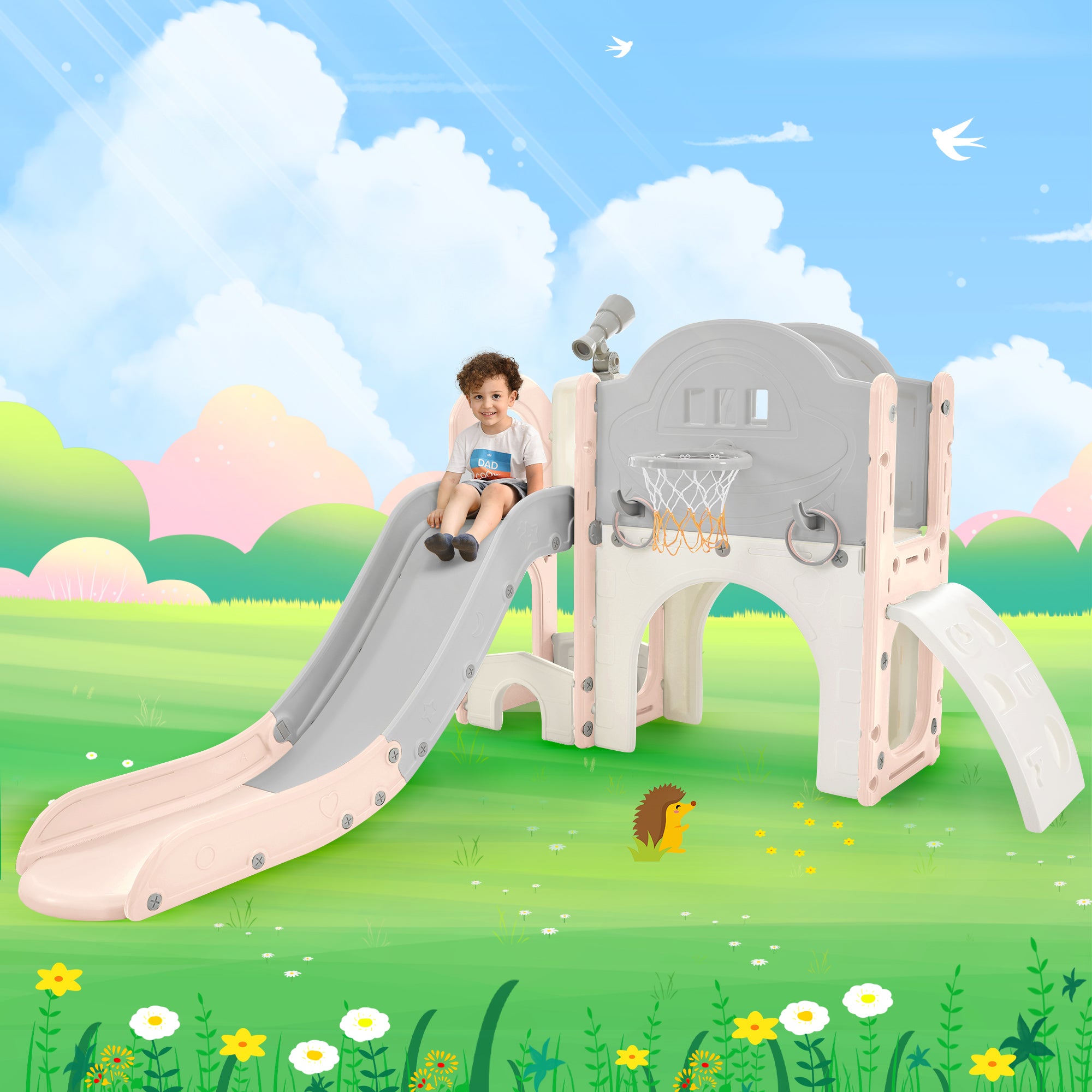 Structure de jeu pour enfants 7 en 1, vaisseau spatial autonome avec toboggan, tunnel en arche rose et gris + PEHD