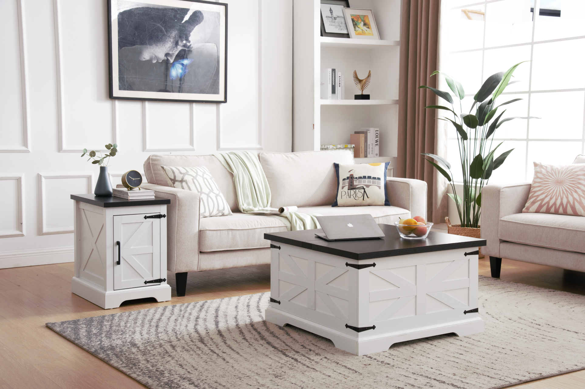 Table basse et table d'appoint de style ferme Table centrale de style grange Table de cocktail rustique avec plateau relevable à charnière et table d'appoint