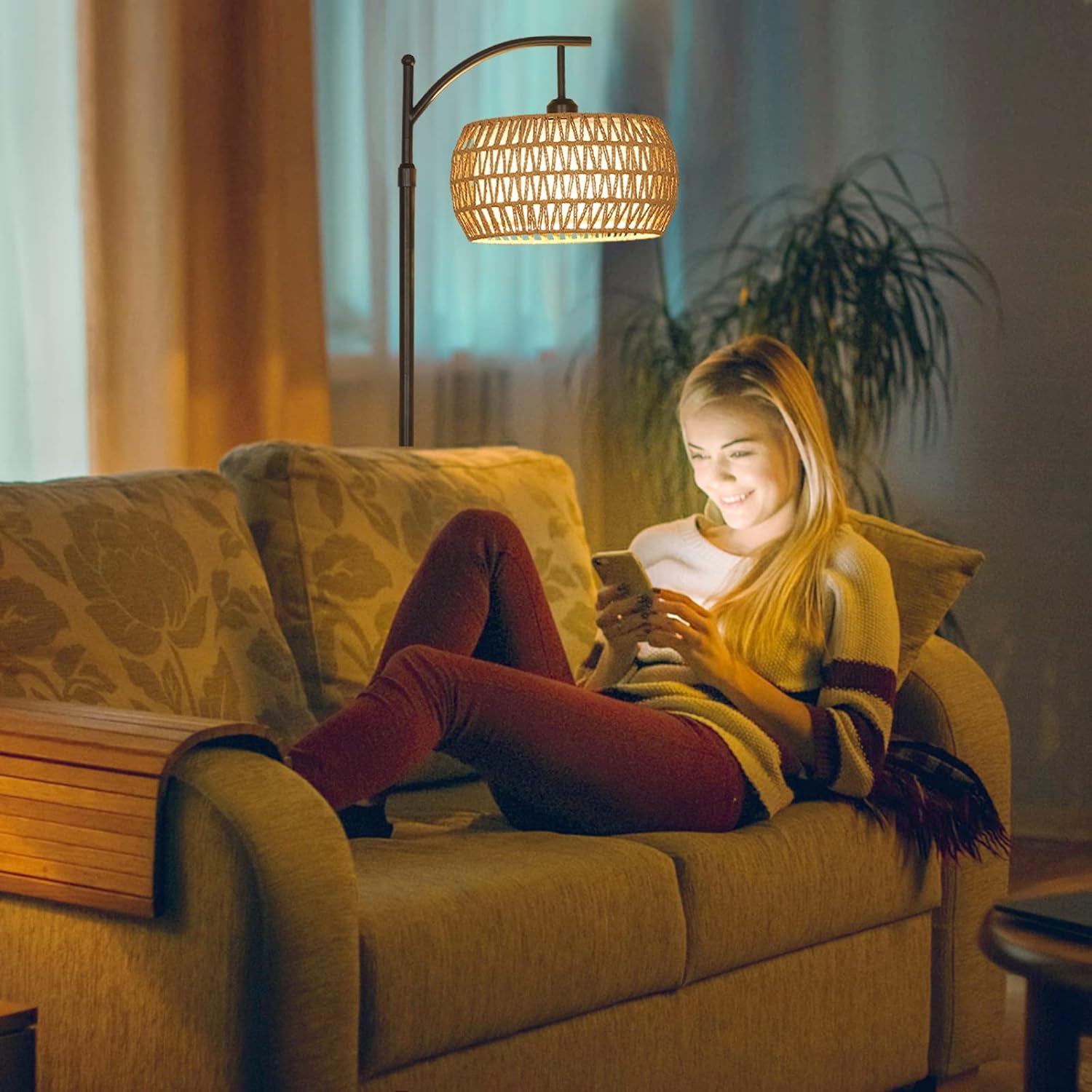Lampadaire arc avec télécommande, lampadaire LED à intensité variable avec 3 températures de couleur, lampe à poteau haut style ferme bohème